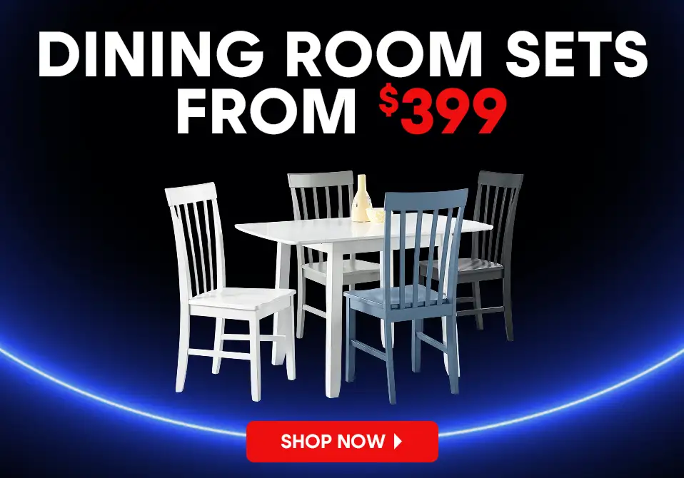 DINING ROOM SETS FROM $399. A dining room set with a white table and four chairs.
