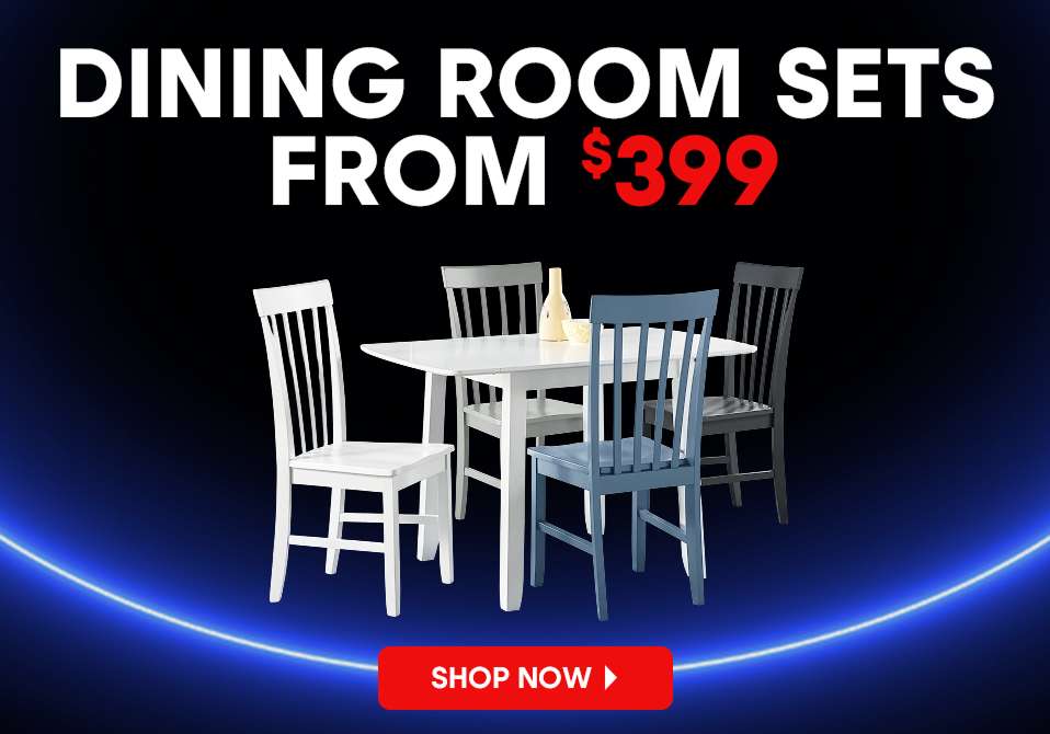 DINING ROOM SETS FROM $399. A dining room set with a white table and four chairs.