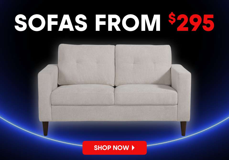 SOFAS FROM $295. A beige loveseat on a blue background.