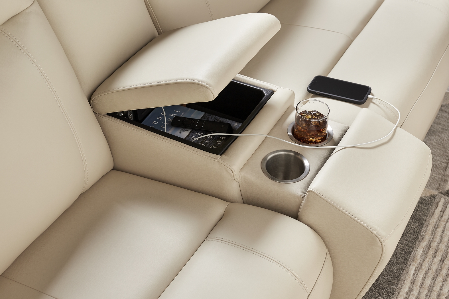 Newport Almond Leather 7 Pc Dual Power Reclining Sectional - Thumbnail - Image 3