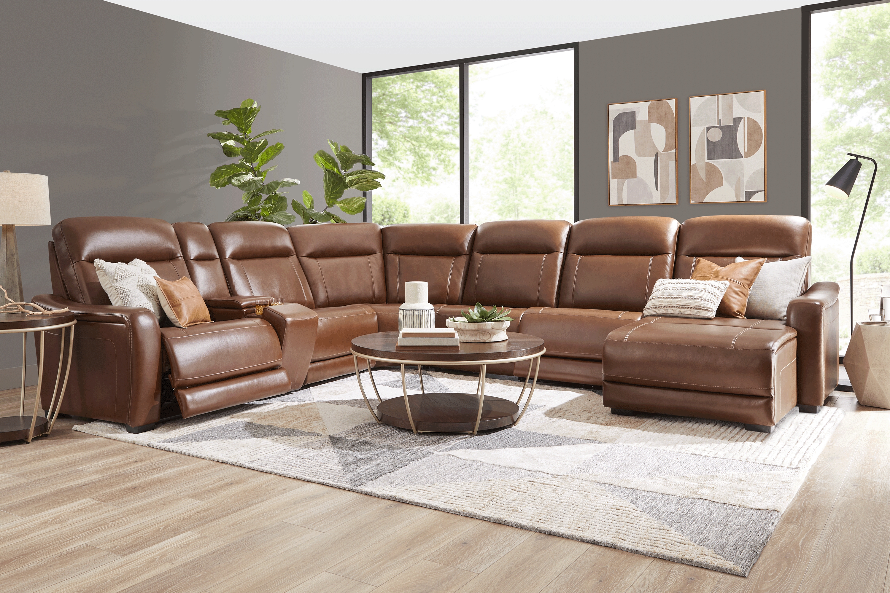 Newport Brown Leather 10 Pc Dual Power Reclining Sectional Living Room - Thumbnail - Image 1
