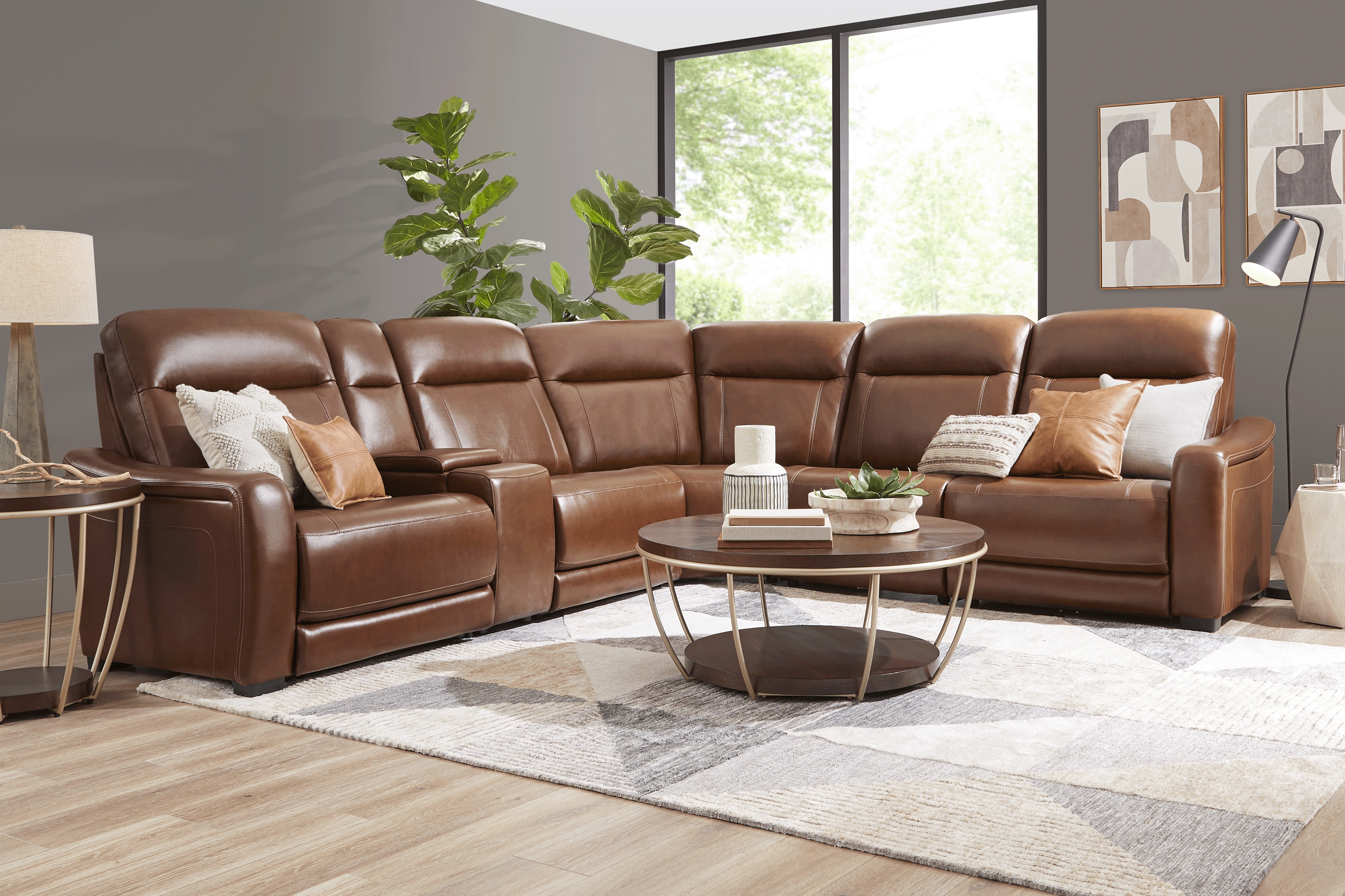 Newport Brown Leather 6 Pc Dual Power Reclining Sectional - Thumbnail - Image 2