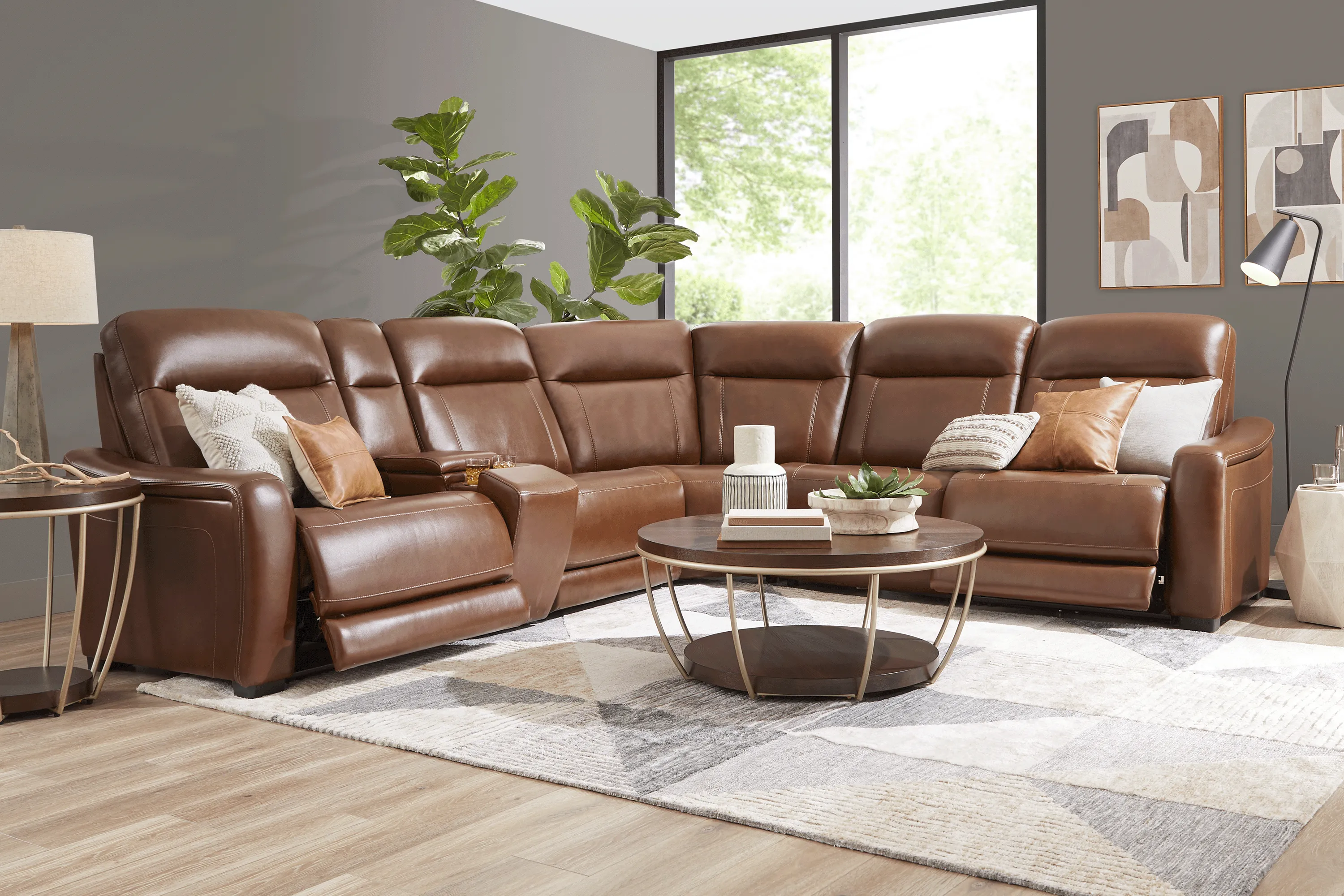 Newport Brown Leather 9 Pc Dual Power Reclining Sectional - Thumbnail - Image 1