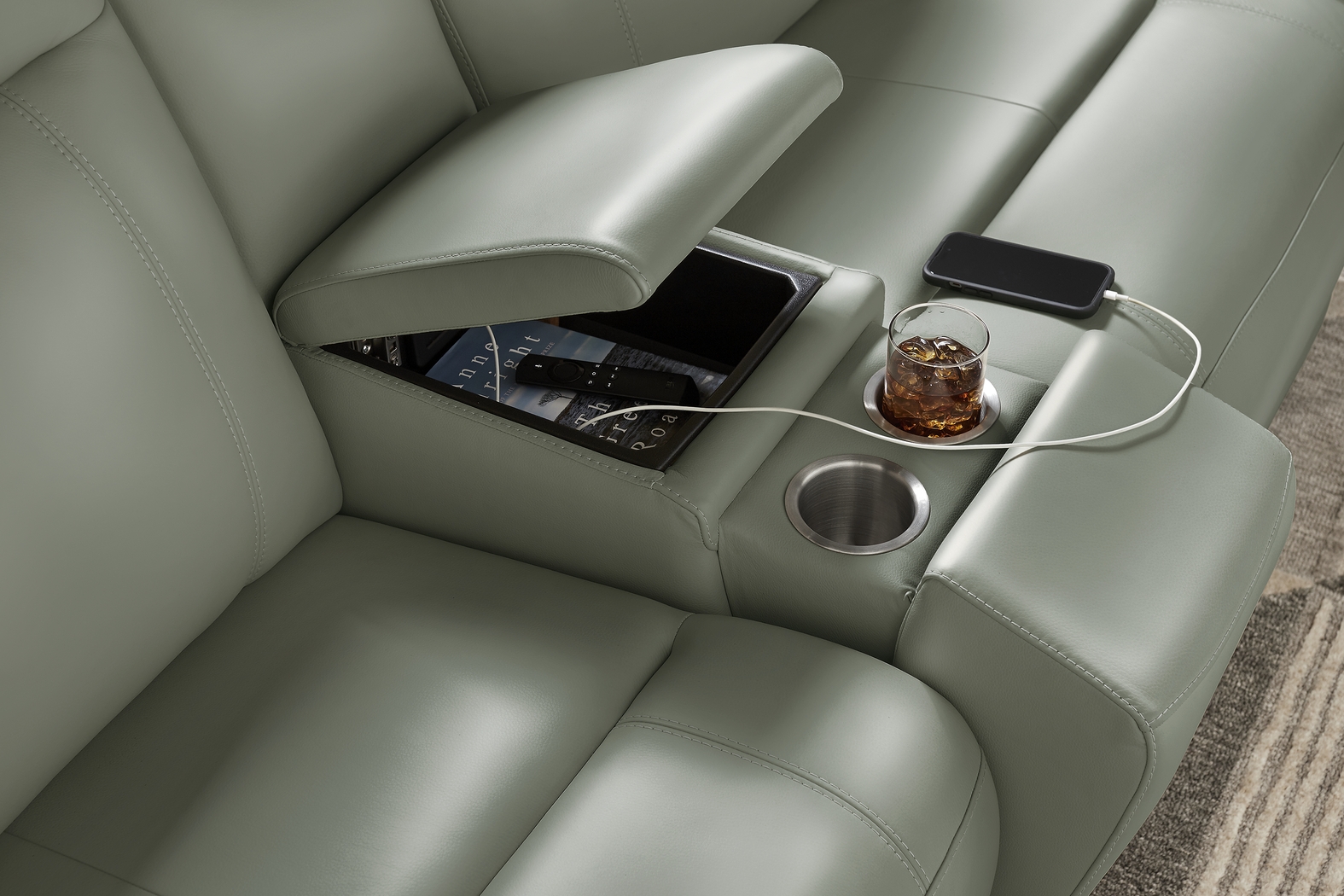 Newport Mint Leather 9 Pc Dual Power Reclining Sectional Living Room - Thumbnail - Image 9