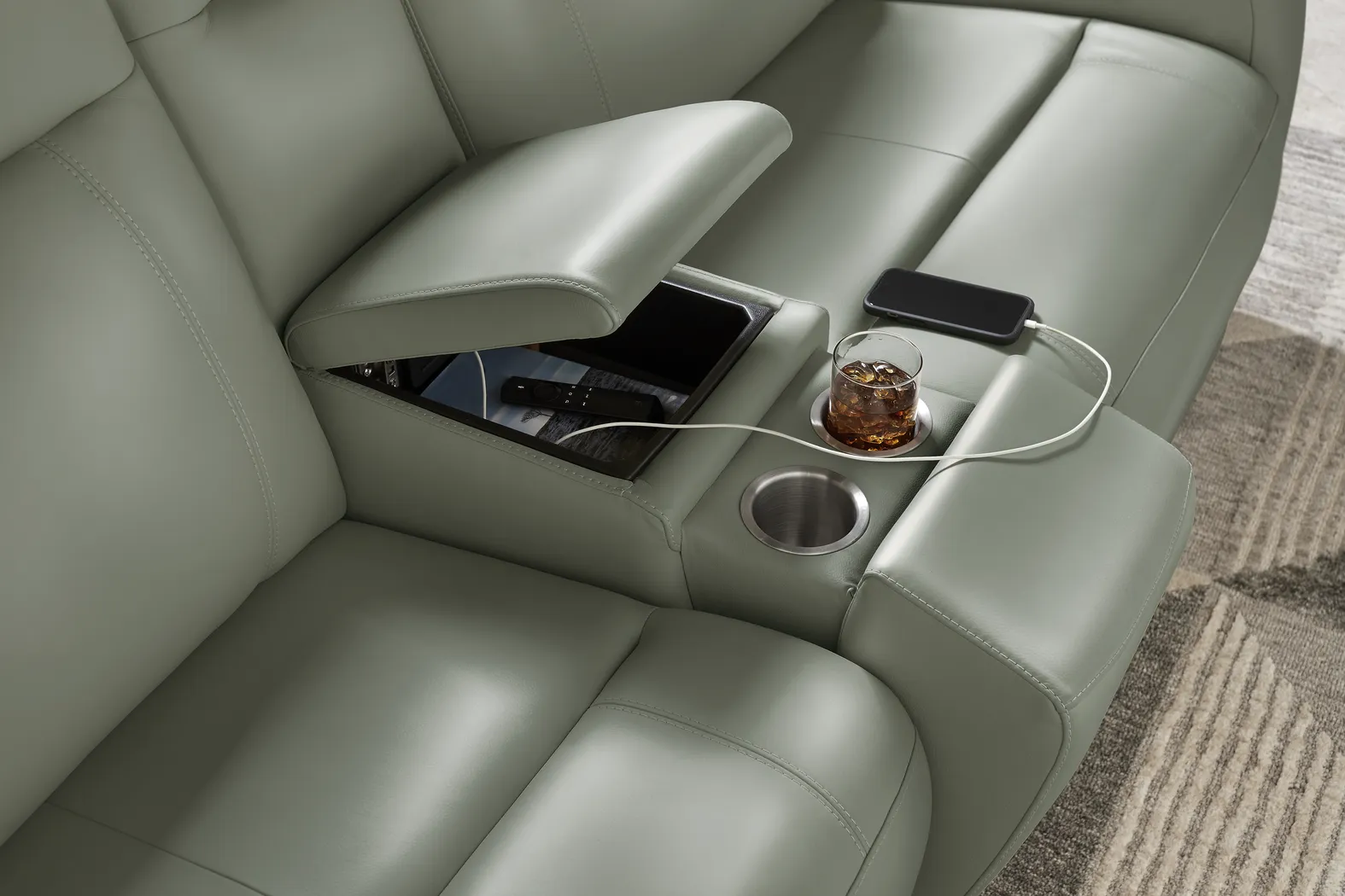 Newport Mint Leather 7 Pc Dual Power Reclining Sectional - Image 6