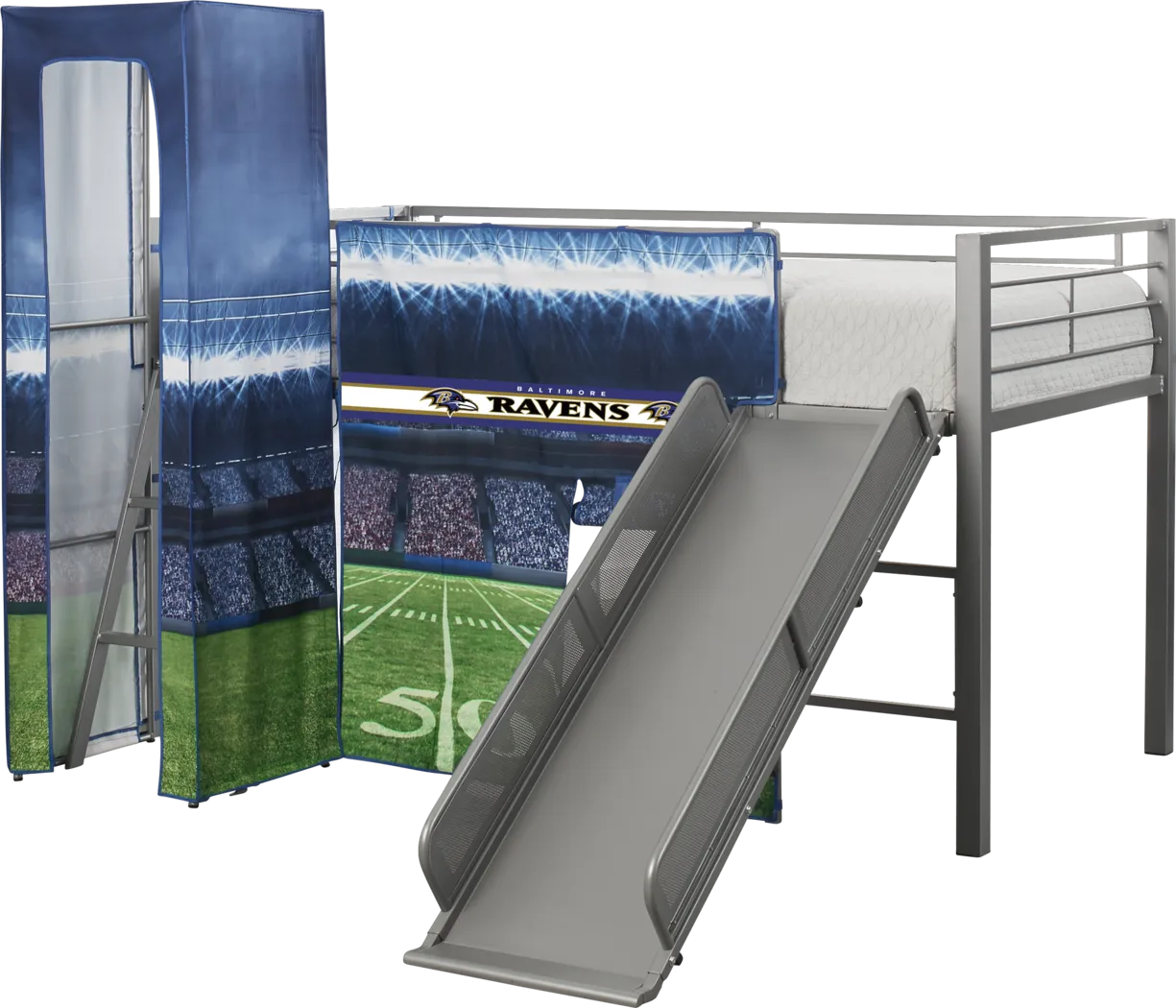 NFL 50 Yards Baltimore Ravens Silver Jr. Tent Loft Bed with Slide and Tower - Thumbnail - Image 4