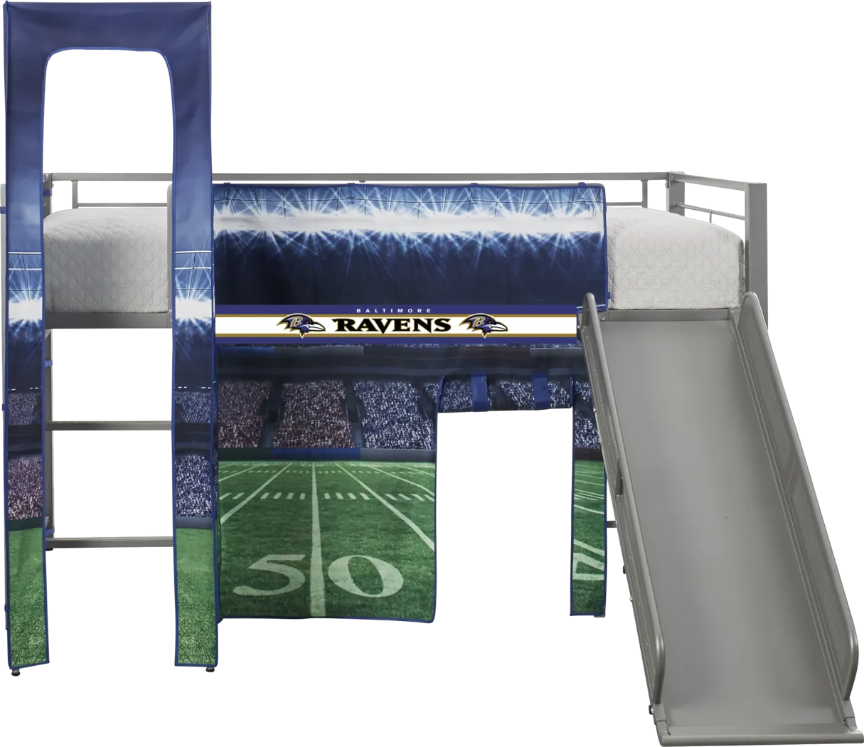 NFL 50 Yards Baltimore Ravens Silver Jr. Tent Loft Bed with Slide and Tower - Thumbnail - Image 1