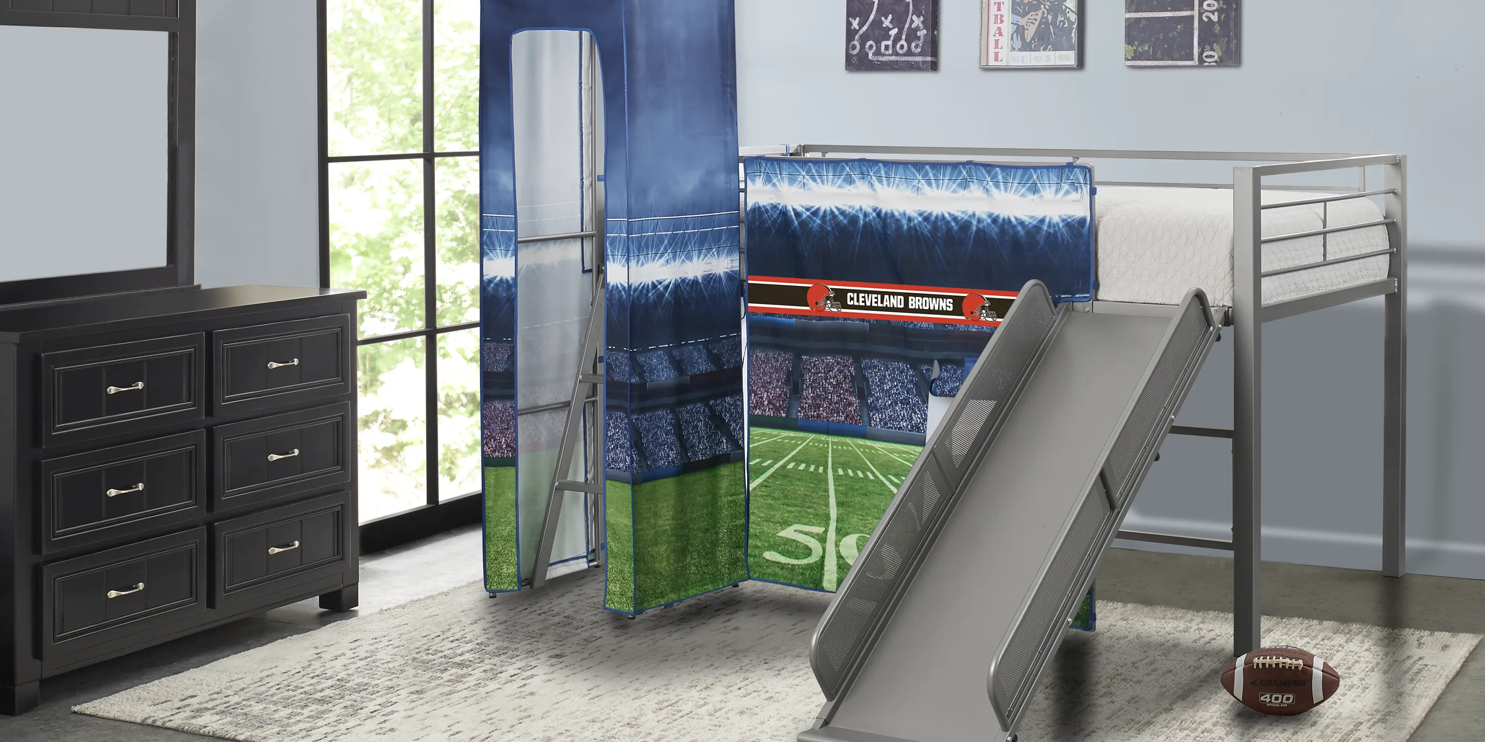NFL 50 Yards Cleveland Browns Silver Jr. Tent Loft Bed with Slide and Tower - Thumbnail - Image 2
