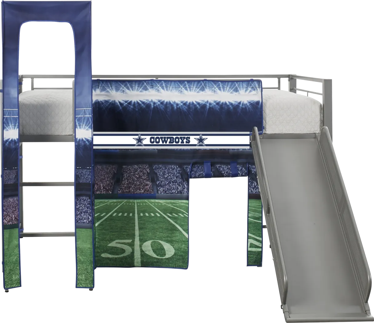 NFL 50 Yards Dallas Cowboys Silver Jr. Tent Loft Bed with Slide and Tower - Thumbnail - Image 1