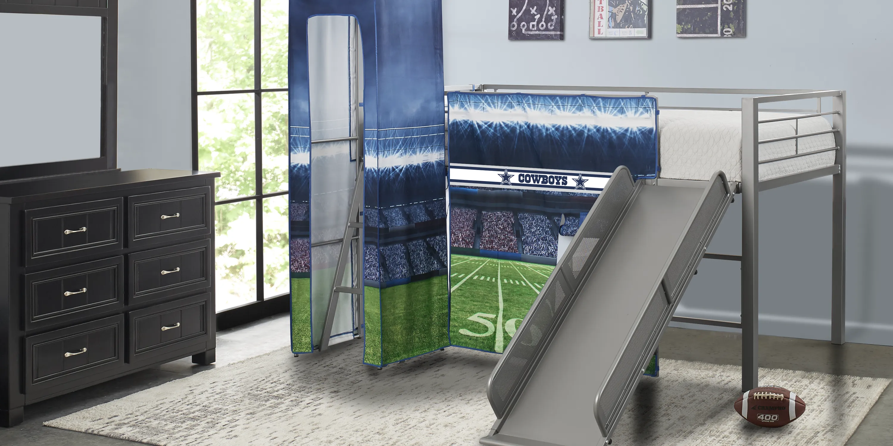 NFL 50 Yards Dallas Cowboys Silver Jr. Tent Loft Bed with Slide and Tower - Thumbnail - Image 2