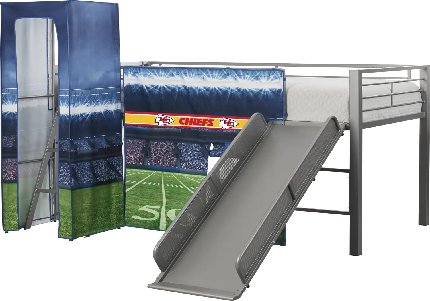NFL 50 Yards Kansas City Chiefs Silver Jr. Tent Loft Bed with Slide and Tower - Thumbnail - Image 4