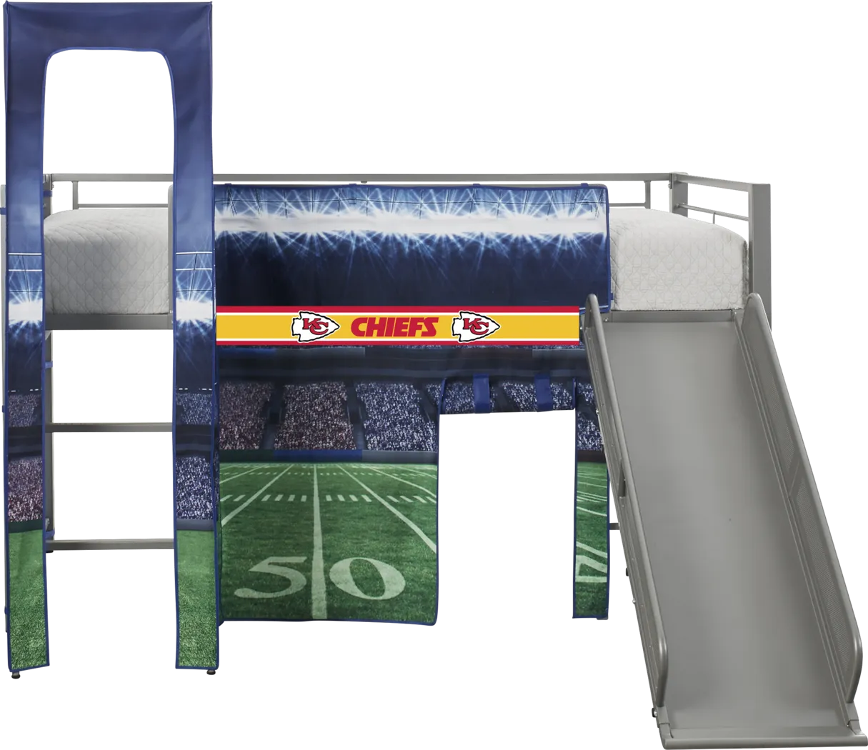 NFL 50 Yards Kansas City Chiefs Silver Jr. Tent Loft Bed with Slide and Tower - Thumbnail - Image 1