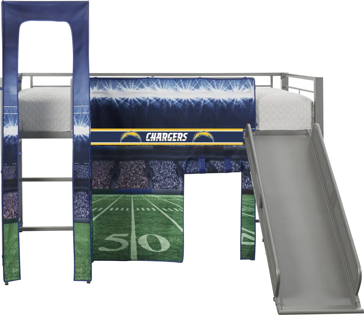 NFL 50 Yards Los Angeles Chargers Silver Jr. Tent Loft Bed with Slide and Tower - Thumbnail - Image 1