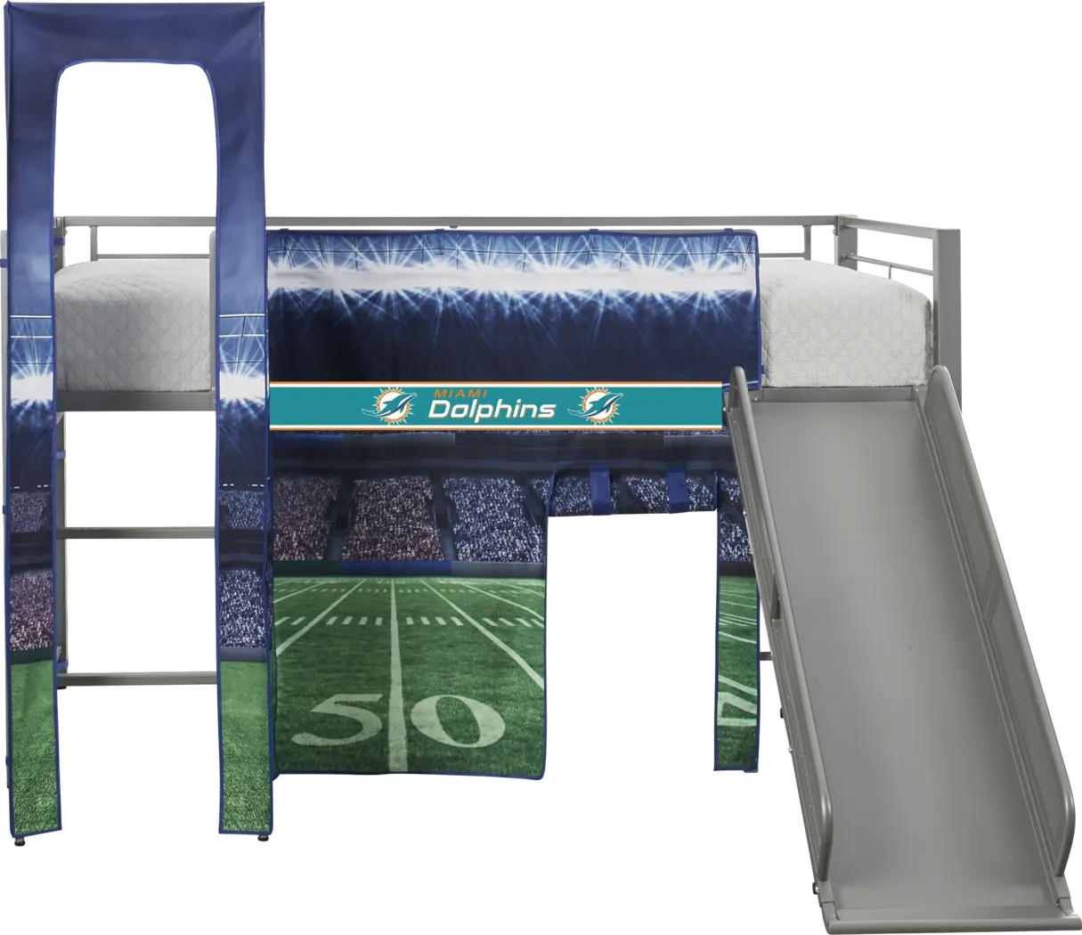 NFL 50 Yards Miami Dolphins Silver Jr. Tent Loft Bed with Slide and Tower - Thumbnail - Image 1
