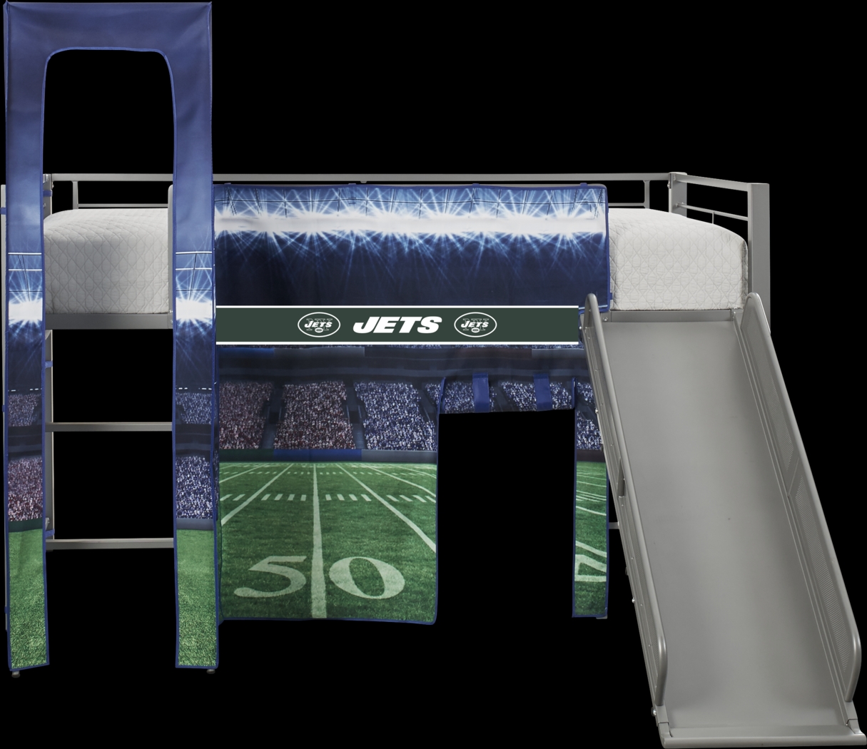 NFL 50 Yards New York Jets Silver Jr. Tent Loft Bed with Slide and Tower - Thumbnail - Image 1