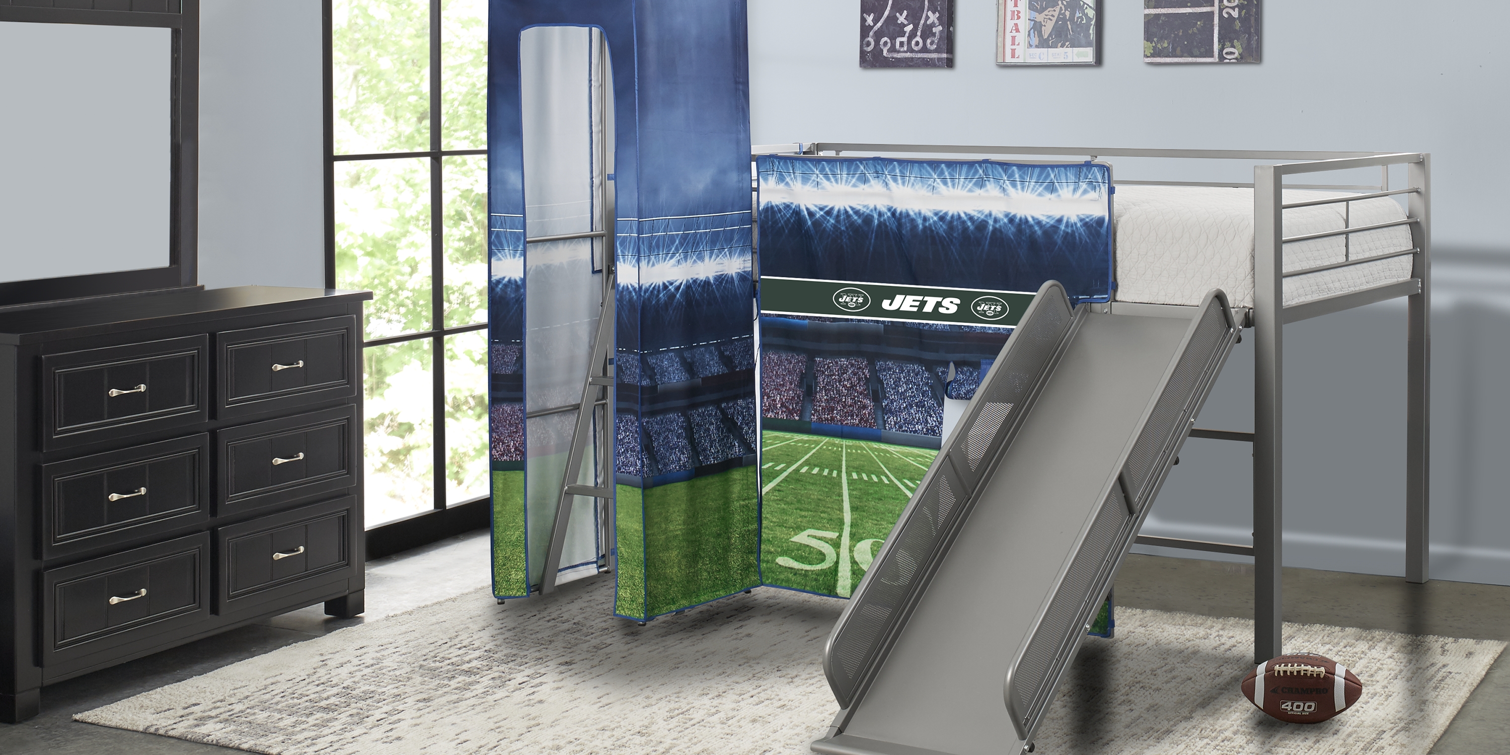 NFL 50 Yards New York Jets Silver Jr. Tent Loft Bed with Slide and Tower - Thumbnail - Image 2