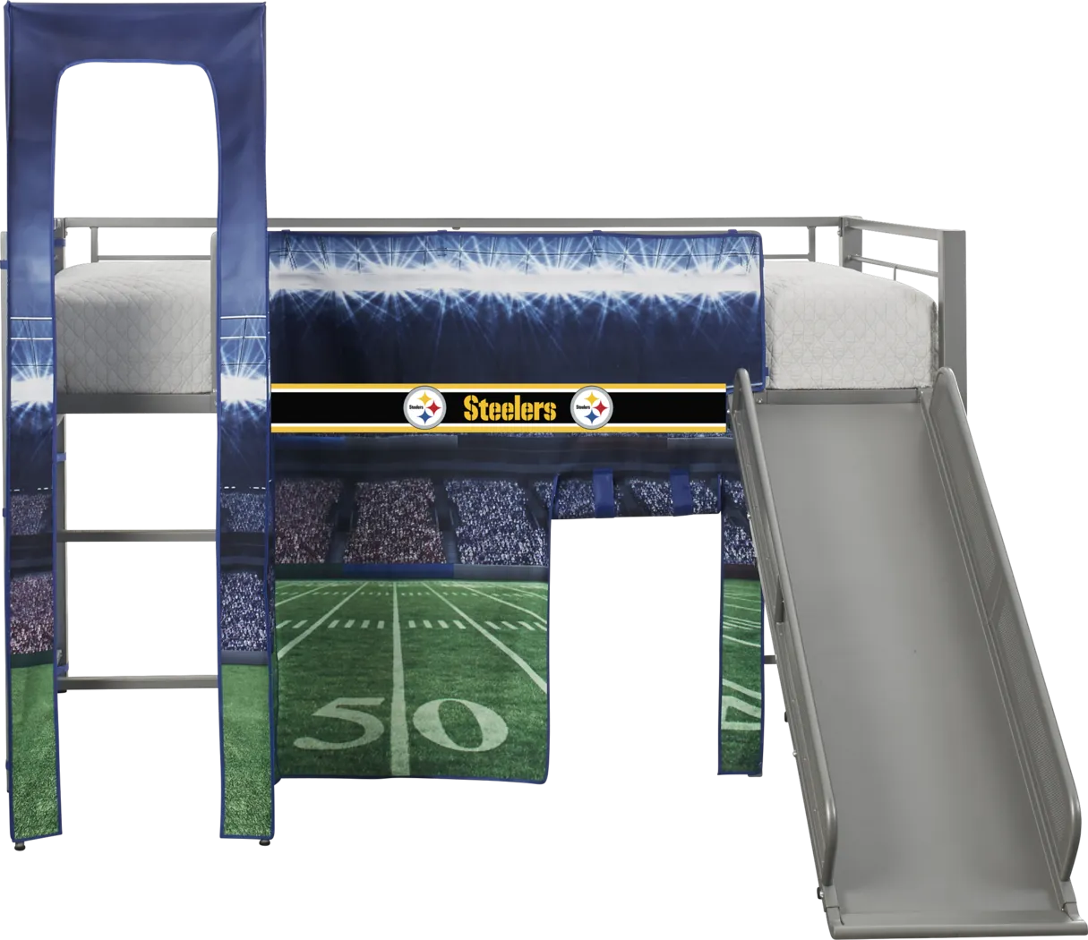 NFL 50 Yards Pittsburgh Steelers Silver Jr. Tent Loft Bed with Slide and Tower - Thumbnail - Image 1