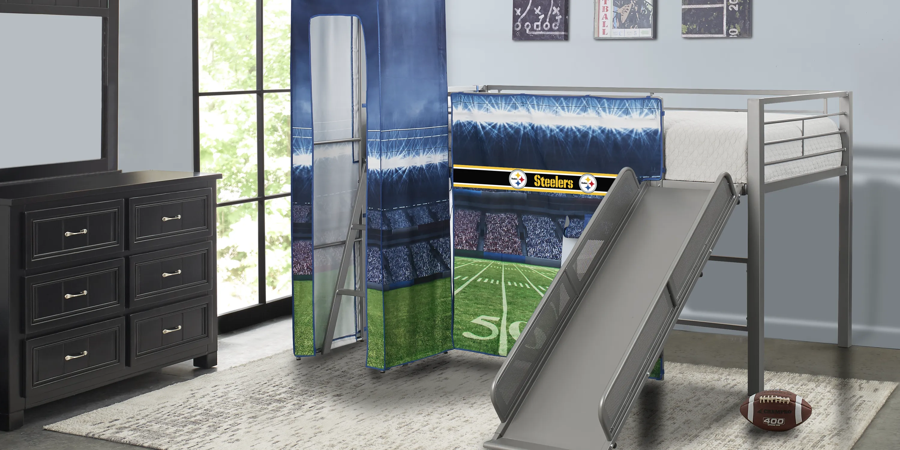 NFL 50 Yards Pittsburgh Steelers Silver Jr. Tent Loft Bed with Slide and Tower - Thumbnail - Image 2