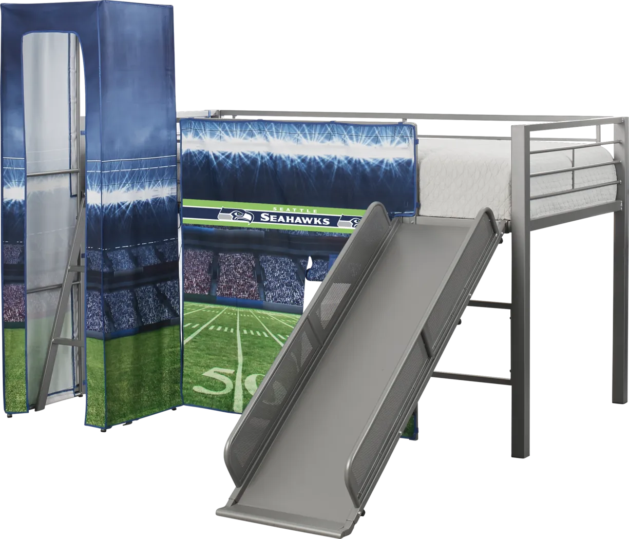 NFL 50 Yards Seattle Seahawks Silver Jr. Tent Loft Bed with Slide and Tower - Thumbnail - Image 4