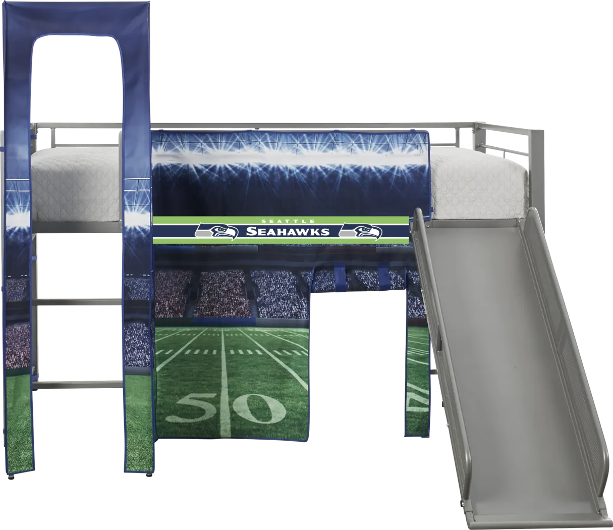 NFL 50 Yards Seattle Seahawks Silver Jr. Tent Loft Bed with Slide and Tower - Thumbnail - Image 1