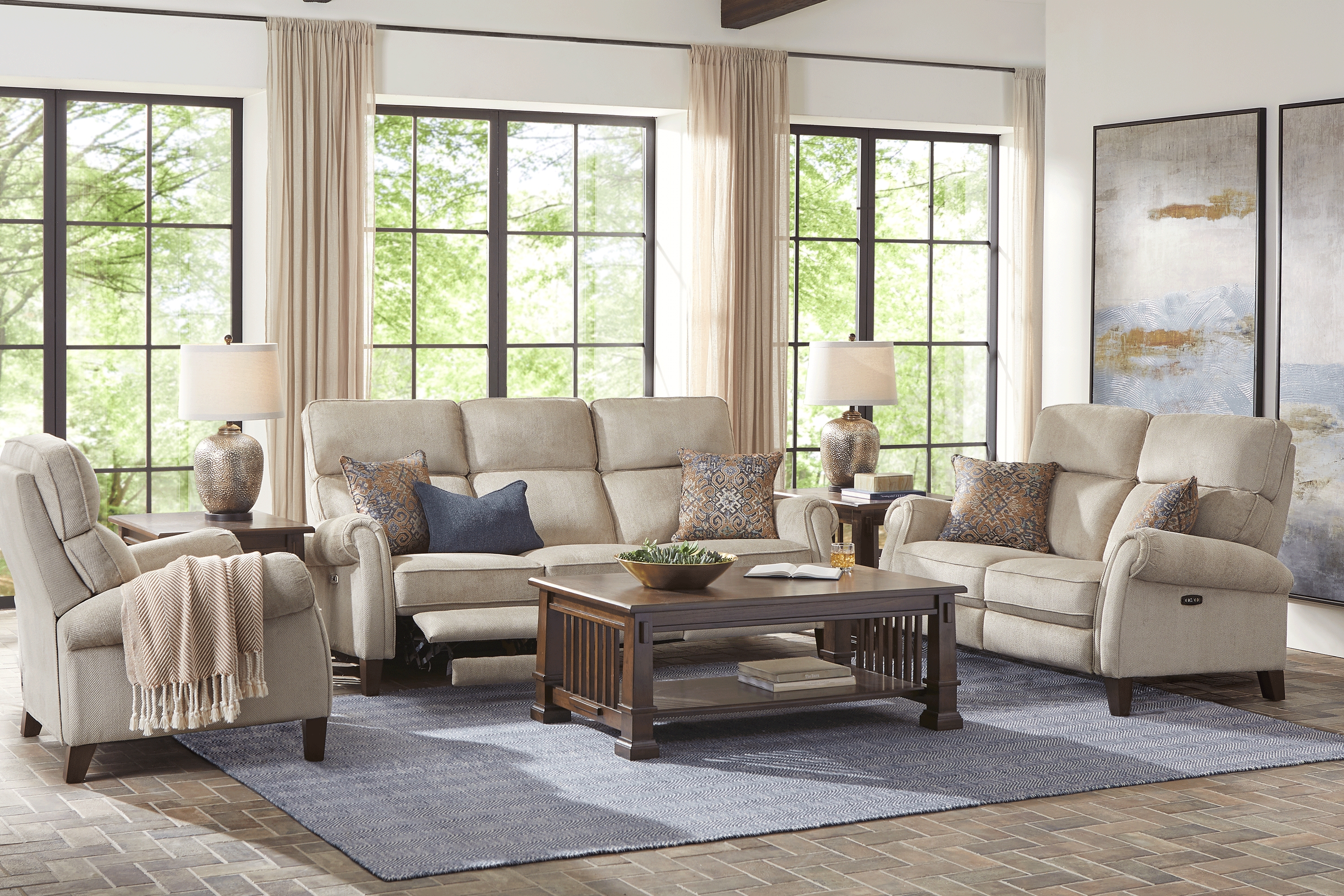 North River Beige 3 Pc Dual Power Reclining Living Room - Thumbnail - Image 1