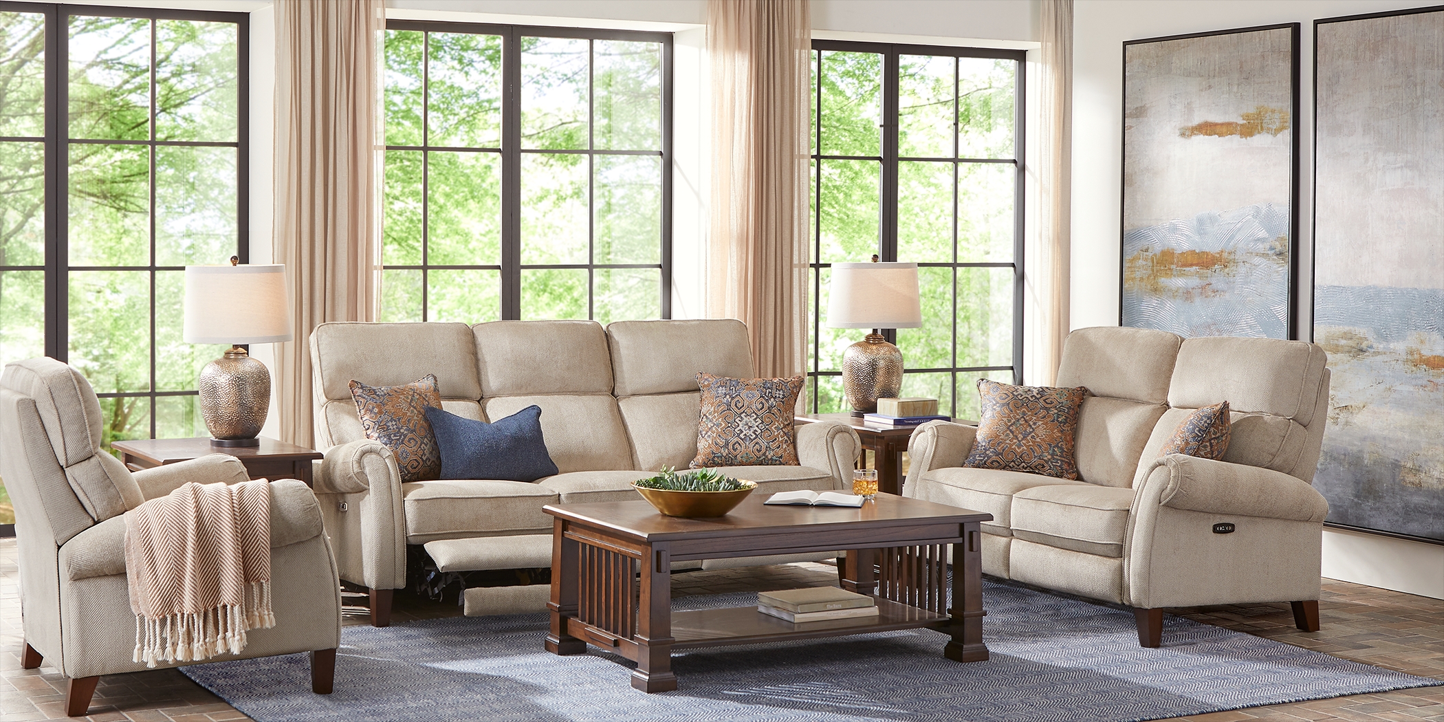 North River Beige 5 Pc Dual Power Reclining Living Room - Thumbnail - Image 1