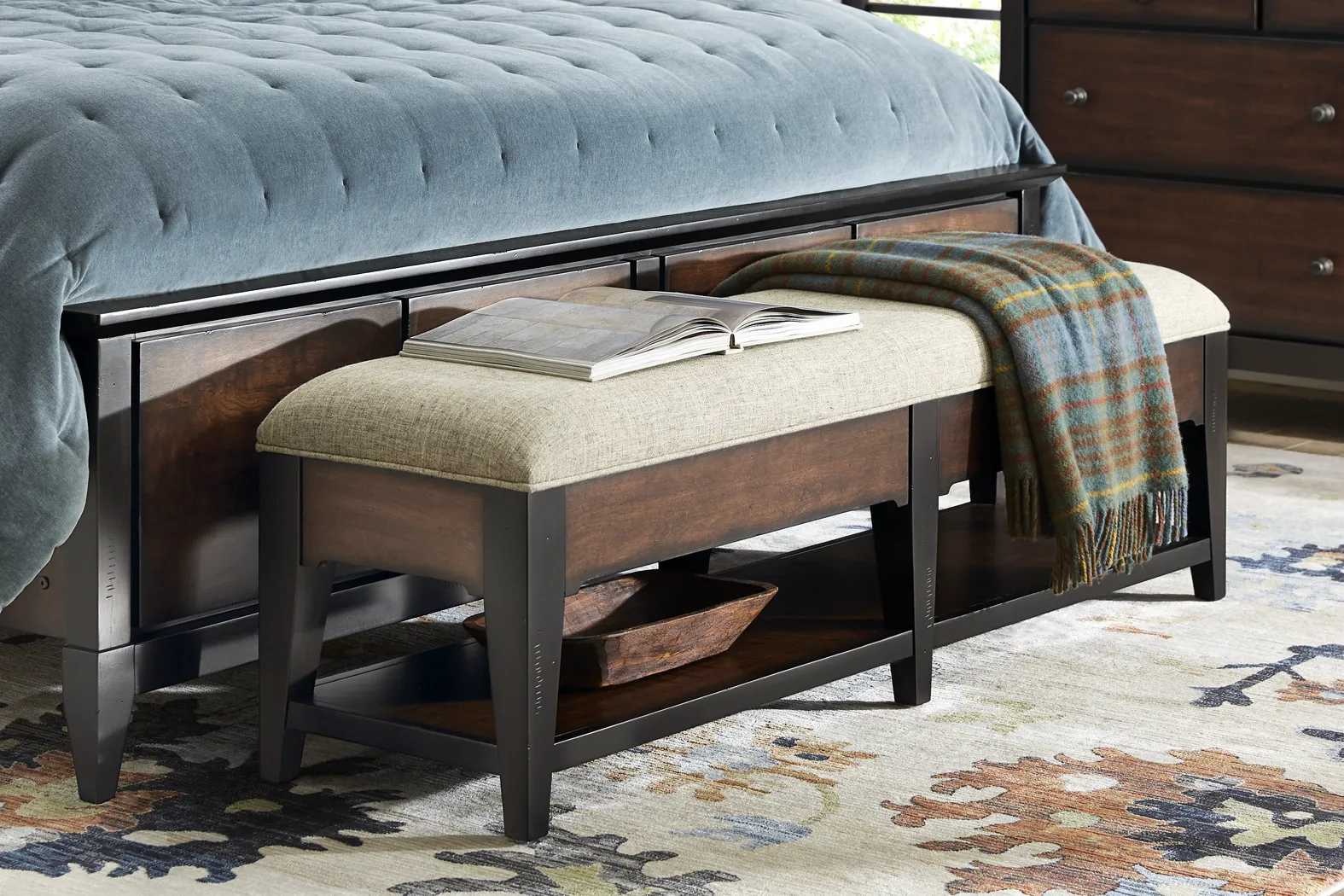 Northbrook Brown Cherry Upholstered Storage Bench - Image 6