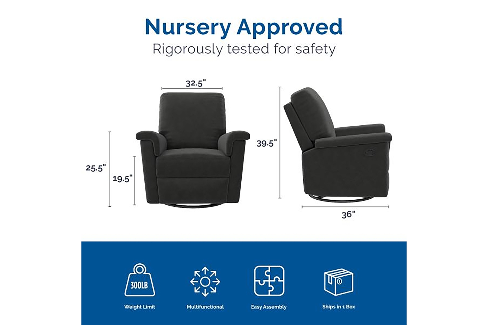 Nursery Diodi Black Swivel Recliner - Thumbnail - Image 6