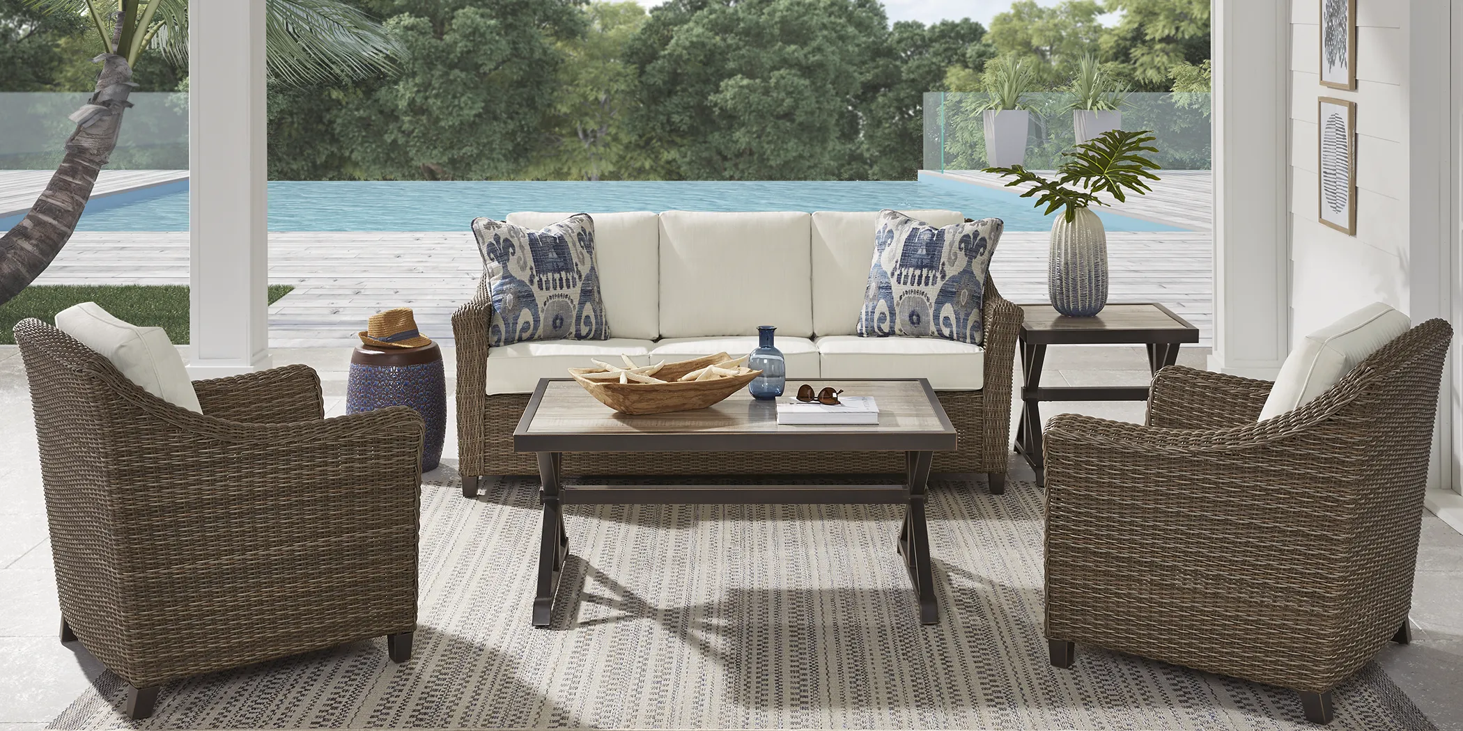 Oak Park Brown-Gray 4 Pc Outdoor Seating Set with Off-White Cushions - Thumbnail - Image 1