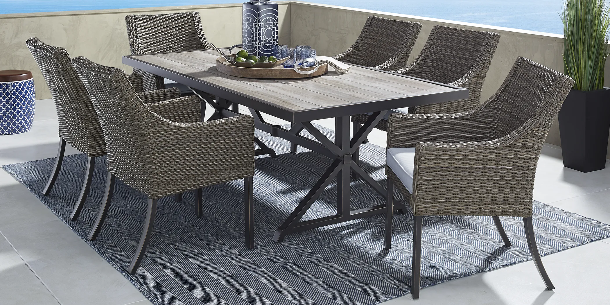 Oak Park Brown-Gray 7 Pc Outdoor Dining Set with Blue Cushions - Thumbnail - Image 1