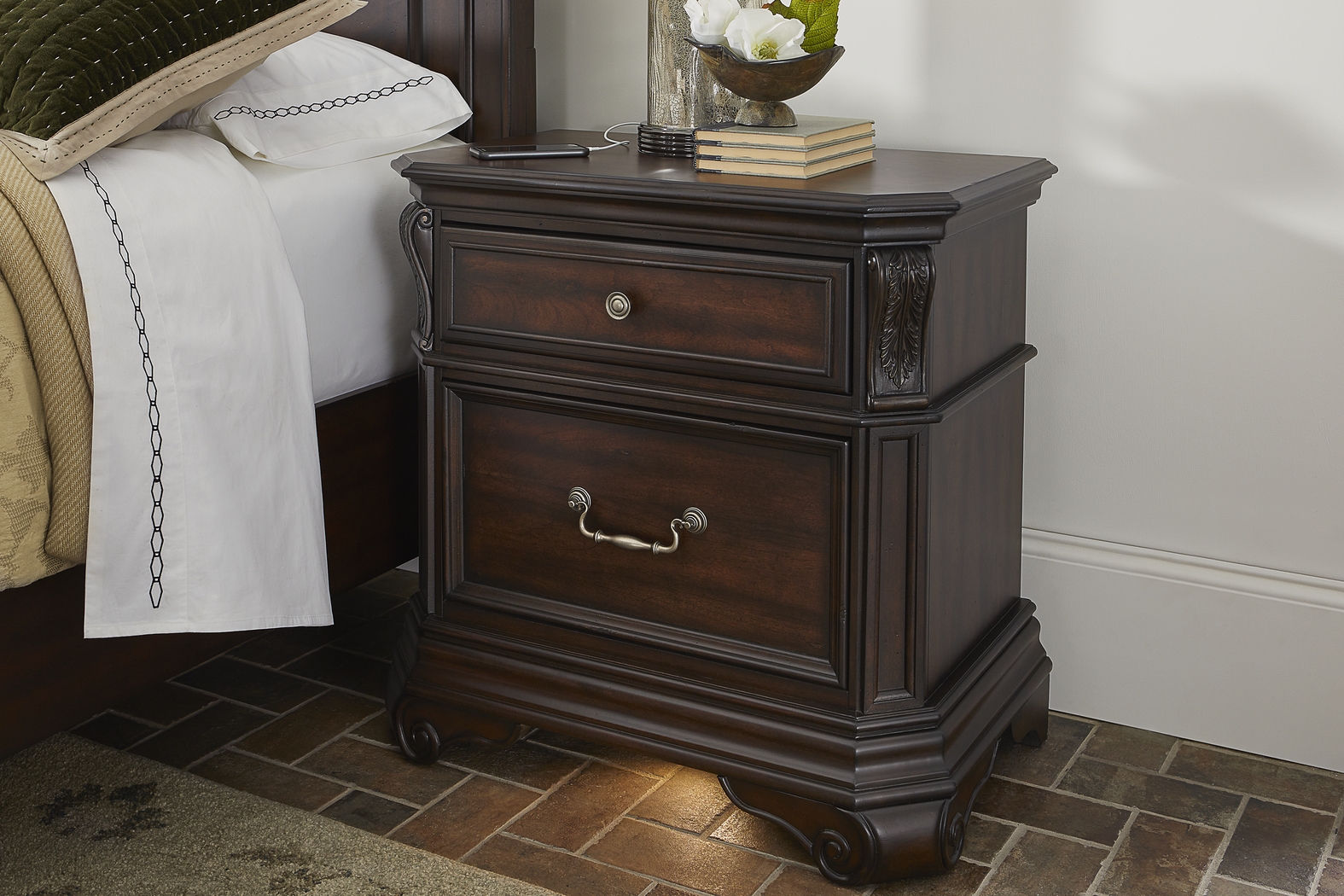 Oakmont Brown Cherry Nightstand with LED Light and USB Charging - Thumbnail - Image 2