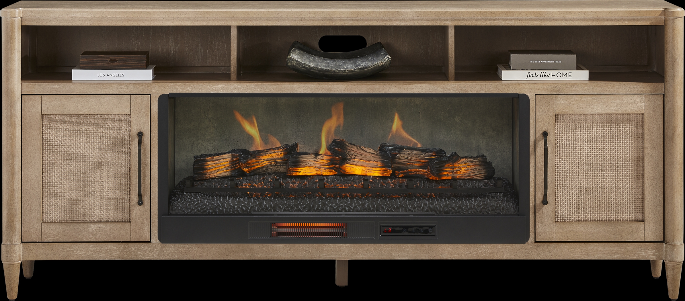 Oakwood Terrace Sand 80 in. Console with Electric Log Fireplace - Thumbnail - Image 1