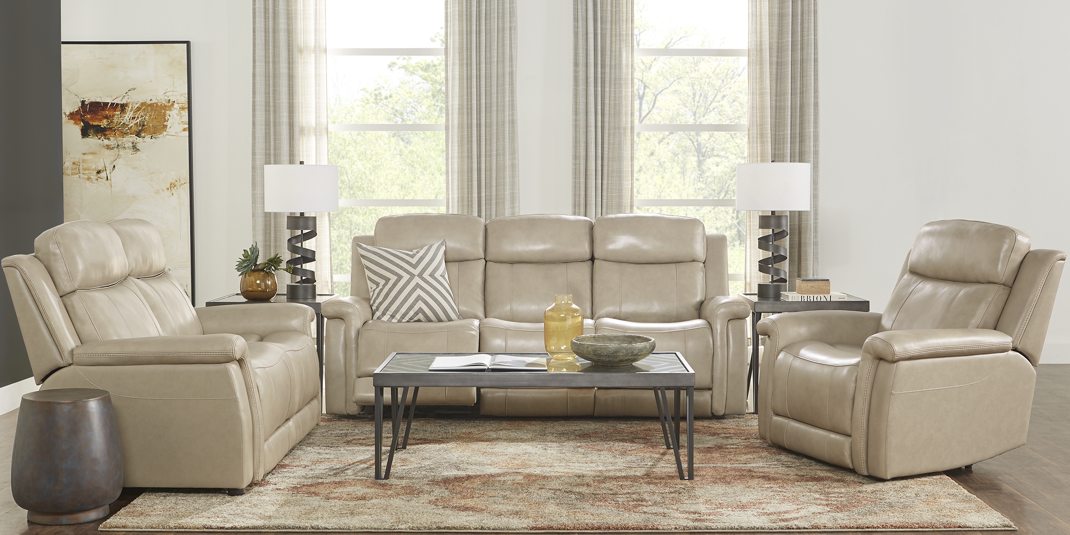 Orsini Beige Leather 2 Pc Living Room with Dual Power Reclining Sofa - Thumbnail - Image 1