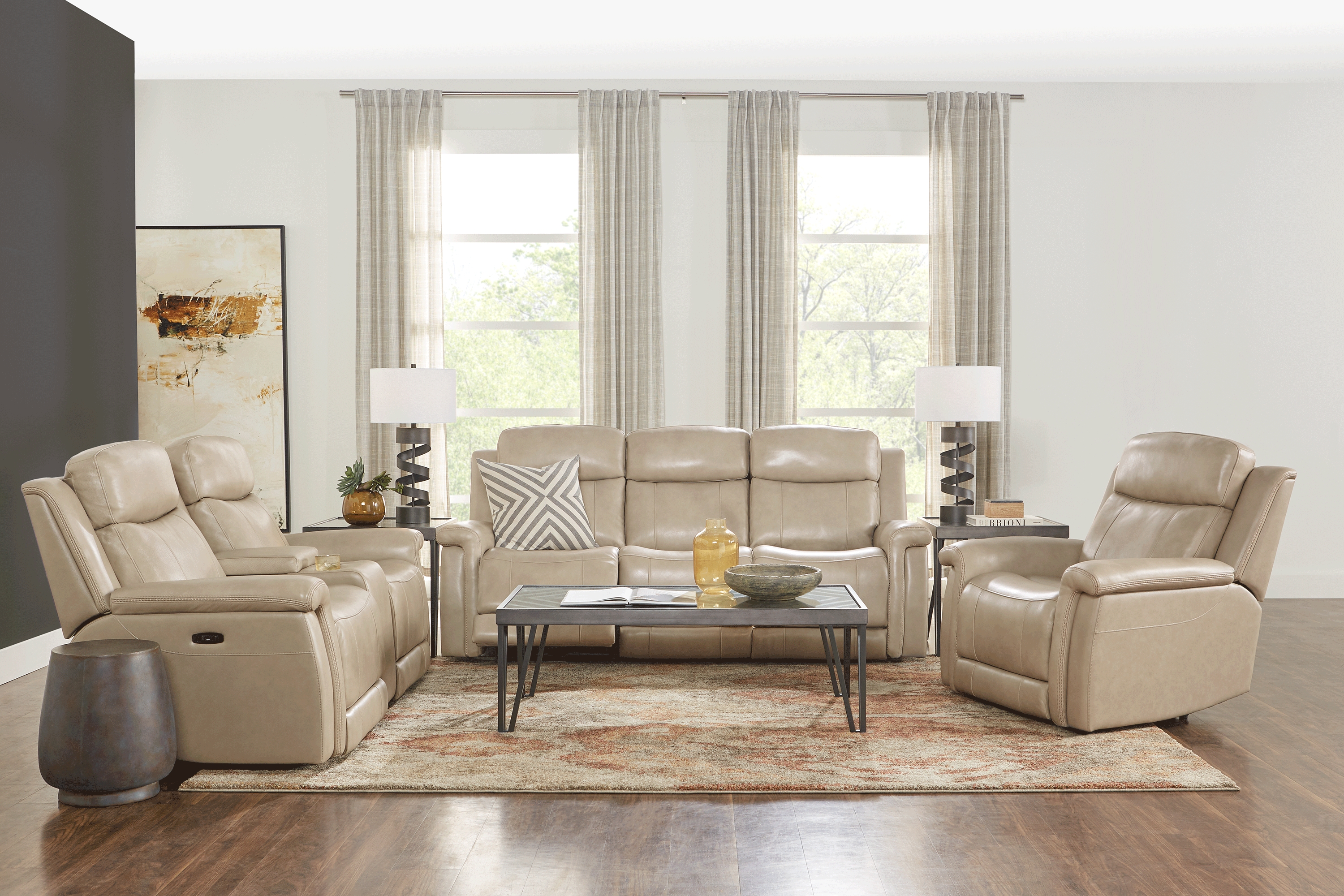 Orsini Beige Leather 3 Pc Dual Power Reclining Living Room - Thumbnail - Image 1
