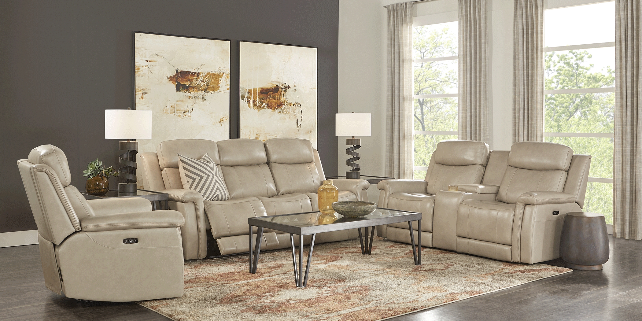 Orsini Beige Leather 5 Pc Dual Power Reclining Living Room - Thumbnail - Image 2
