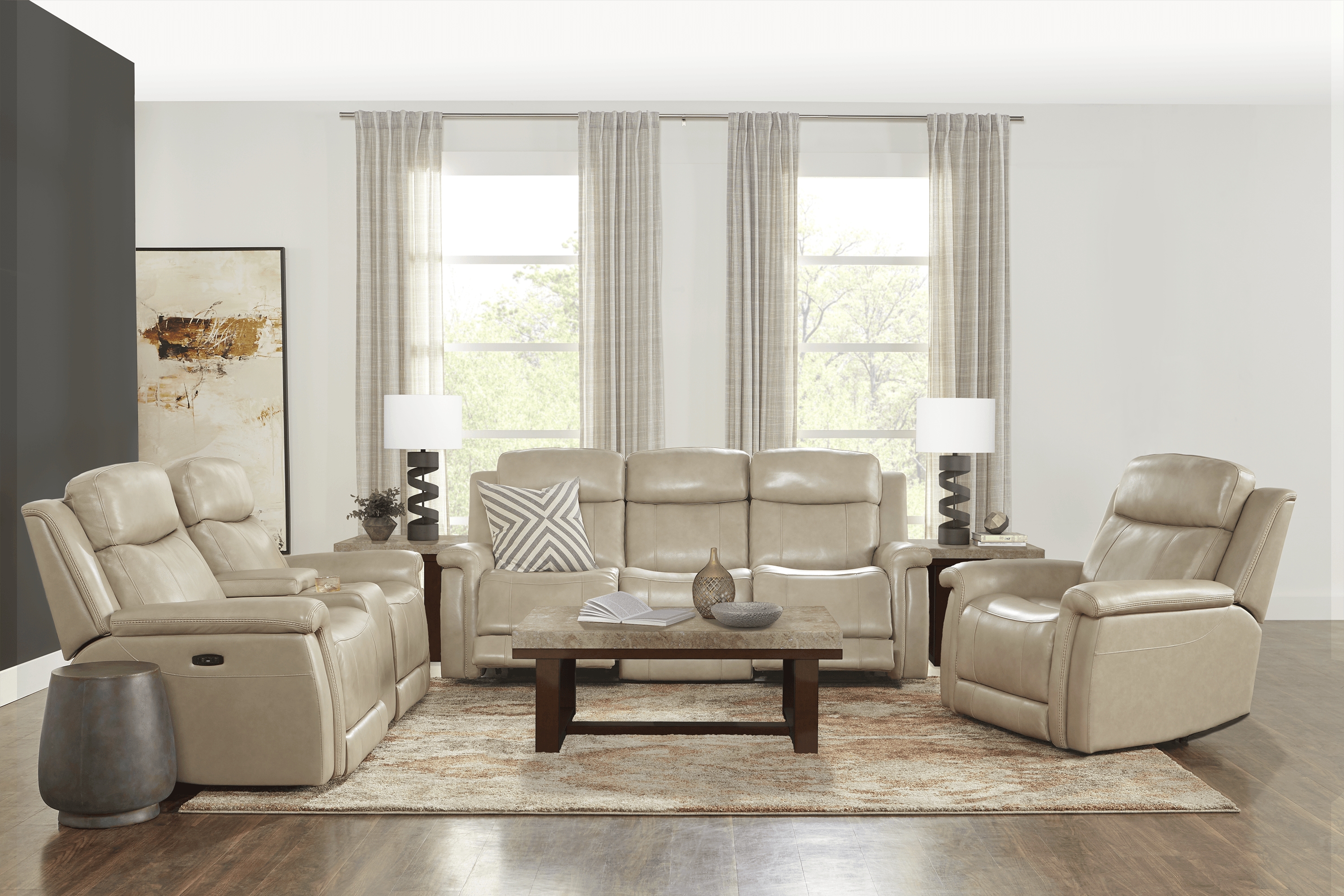 Orsini Beige Leather 5 Pc Dual Power Reclining Living Room - Thumbnail - Image 1