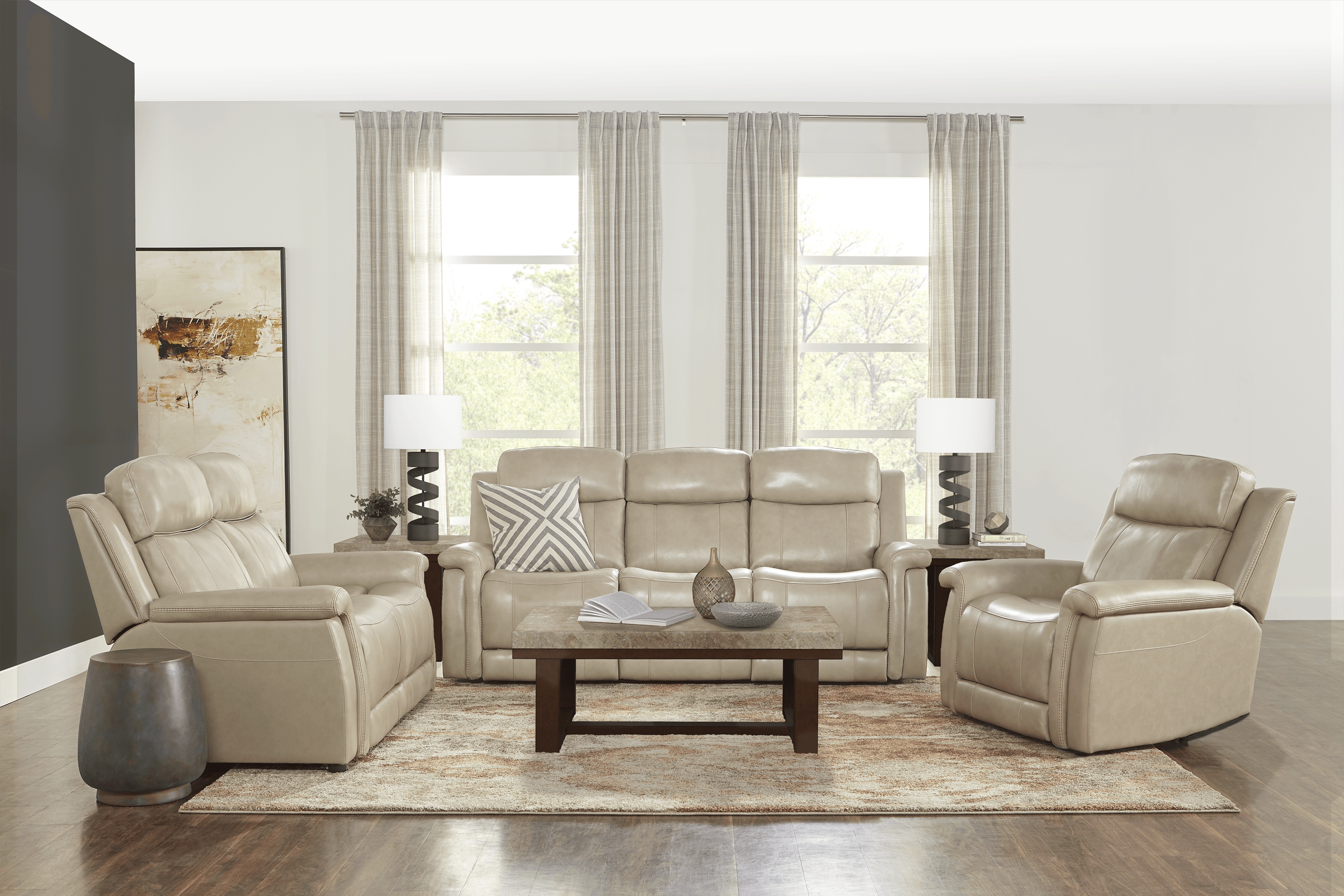 Orsini Beige Leather 5 Pc Living Room with Dual Power Reclining Sofa - Thumbnail - Image 1