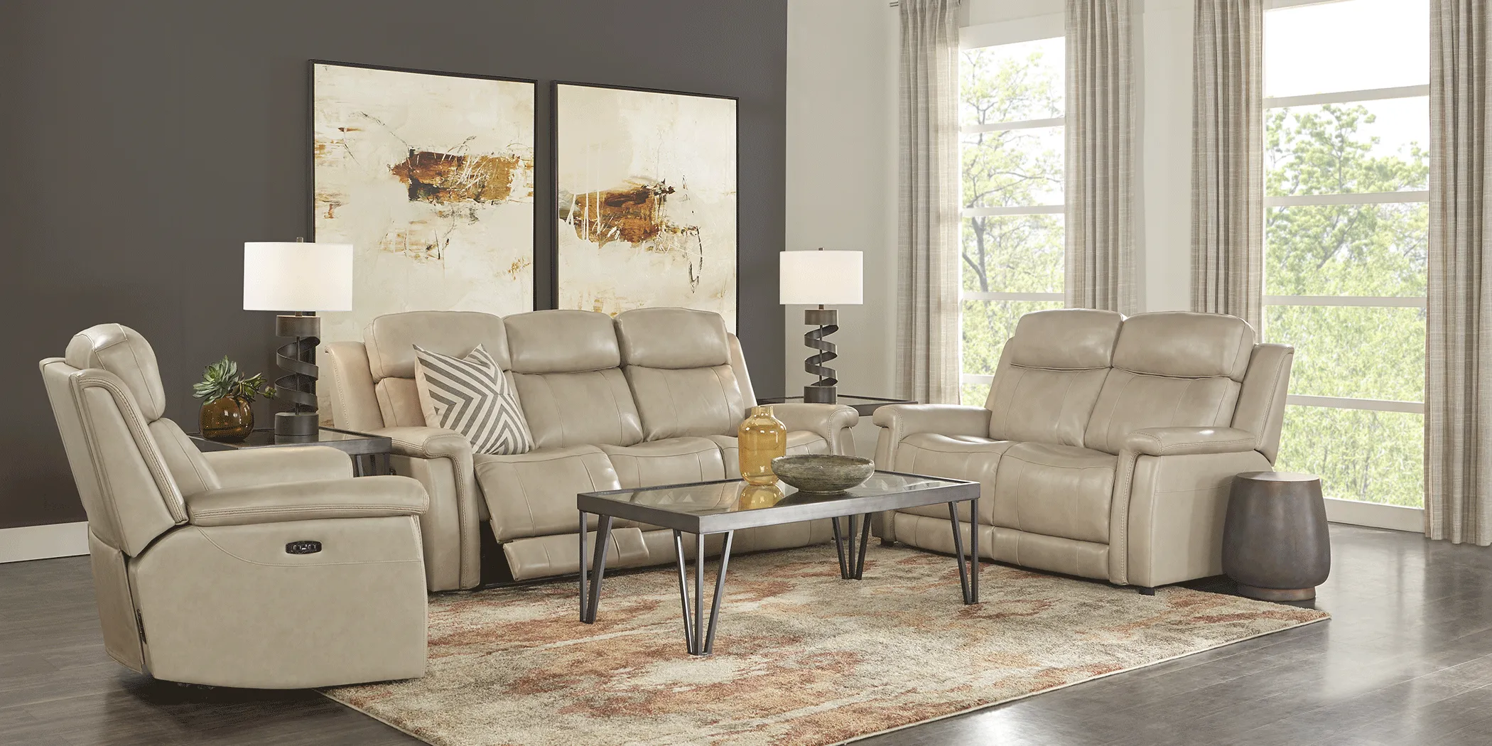 Orsini Beige Leather 5 Pc Living Room with Dual Power Reclining Sofa - Thumbnail - Image 2