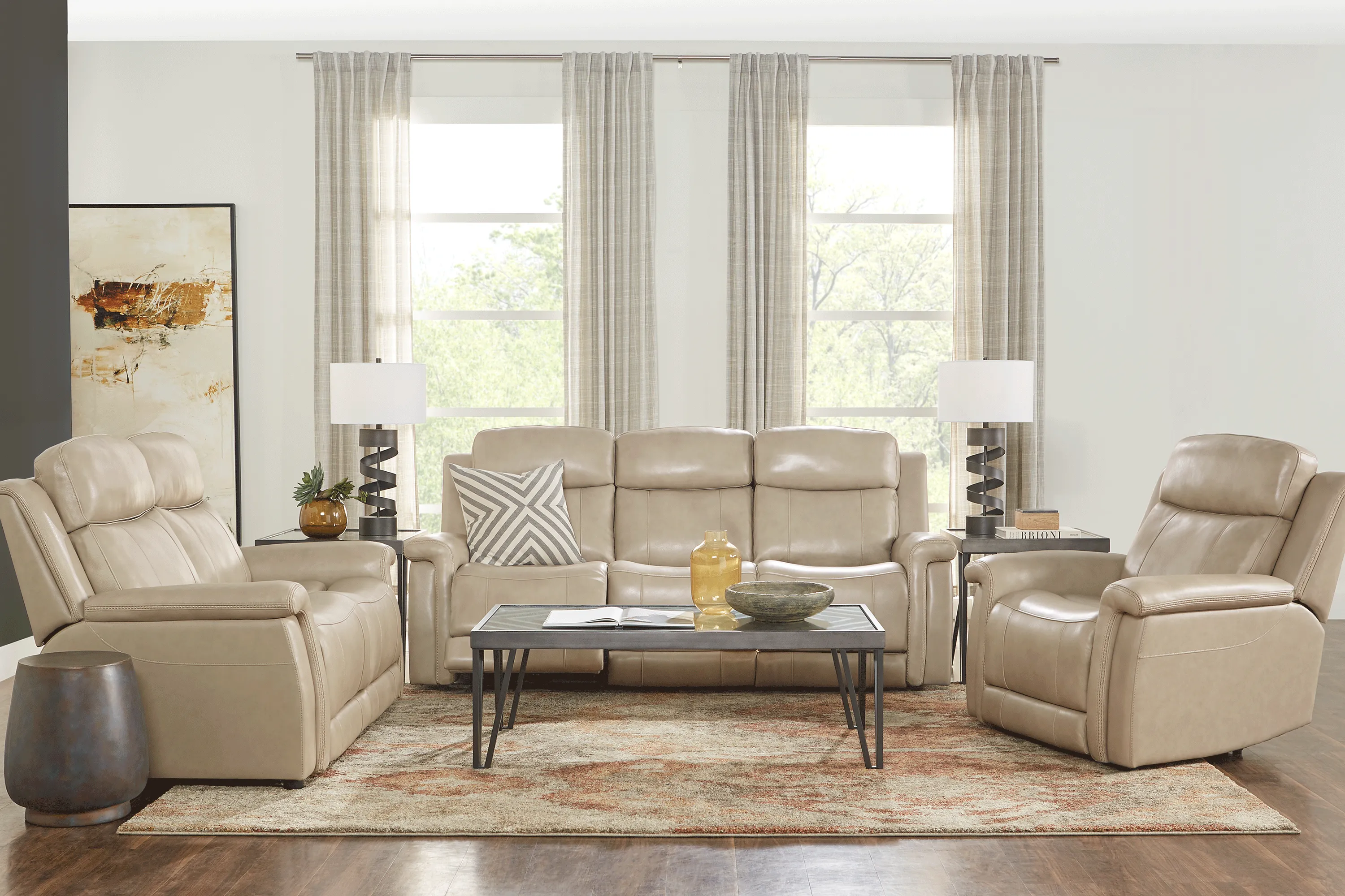 Orsini Beige Leather 5 Pc Living Room with Dual Power Reclining Sofa - Thumbnail - Image 1
