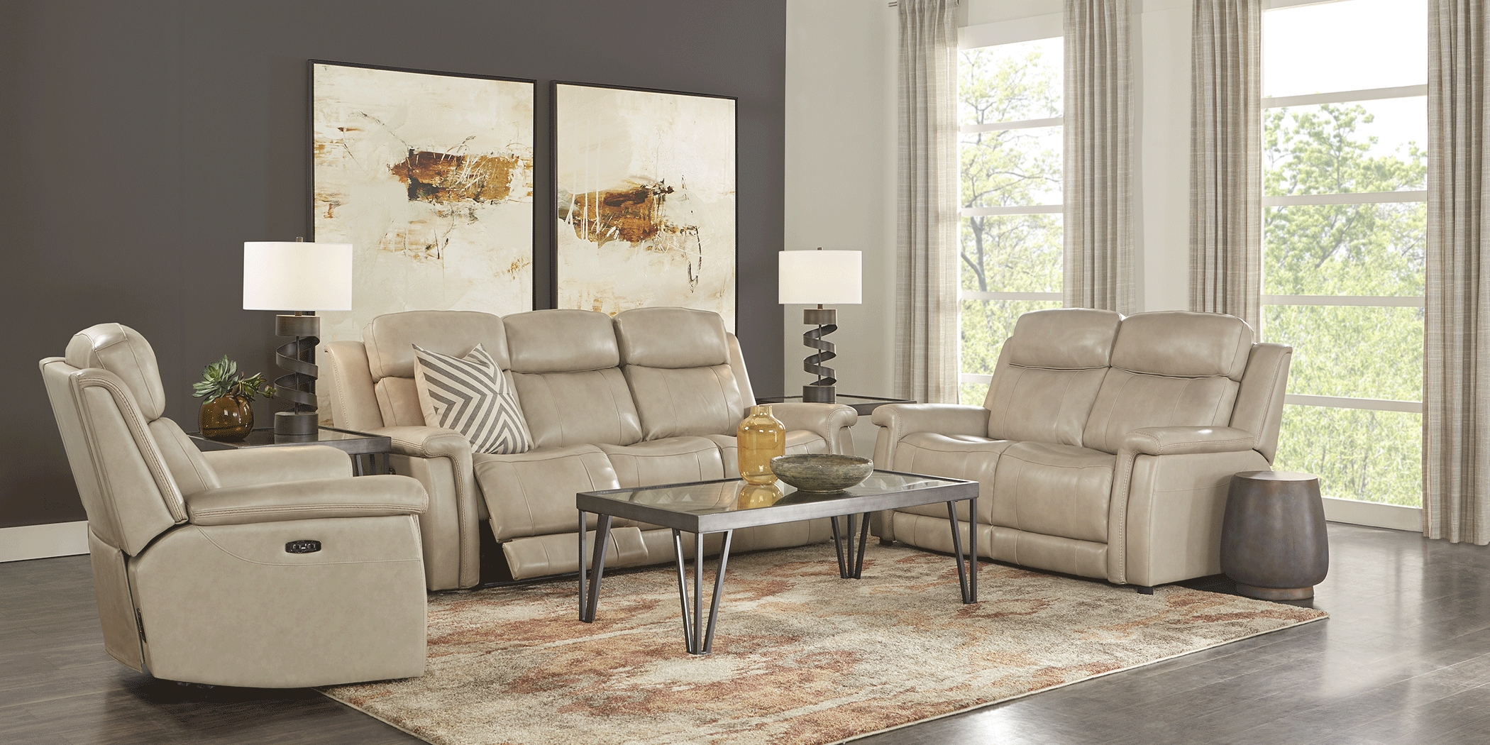 Orsini Beige Leather 7 Pc Living Room with Dual Power Reclining Sofa - Thumbnail - Image 2