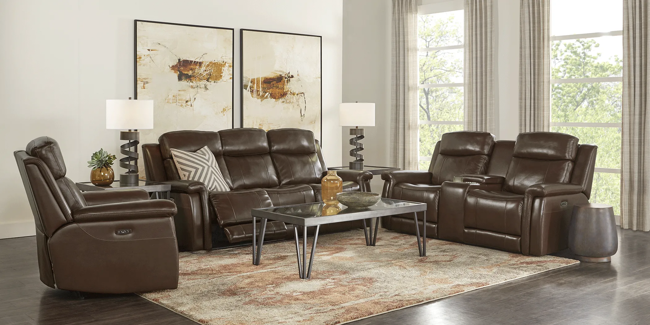 Orsini Brown Leather 5 Pc Dual Power Reclining Living Room - Thumbnail - Image 2