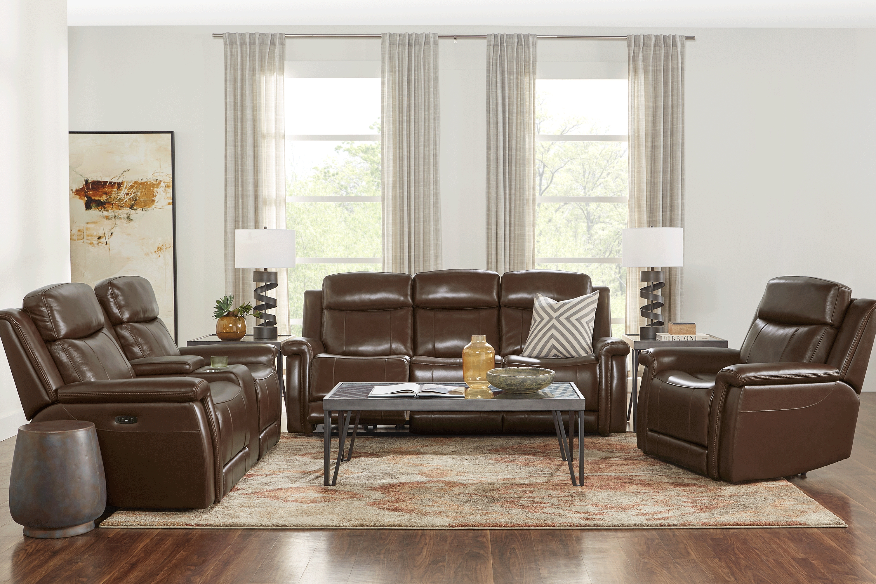 Orsini Brown Leather 7 Pc Dual Power Reclining Living Room - Thumbnail - Image 1