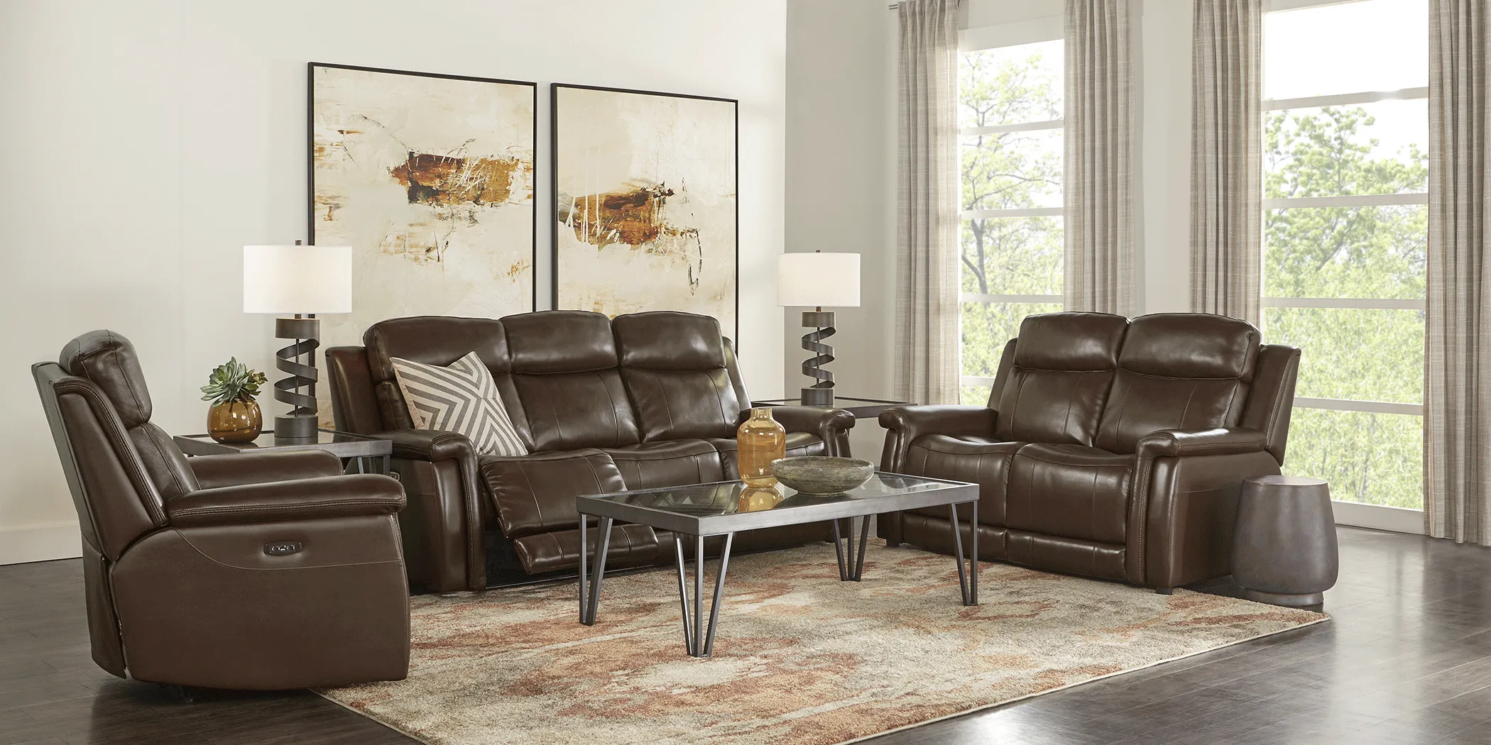 Orsini Brown Leather 8 Pc Living Room with Dual Power Reclining Sofa - Thumbnail - Image 2