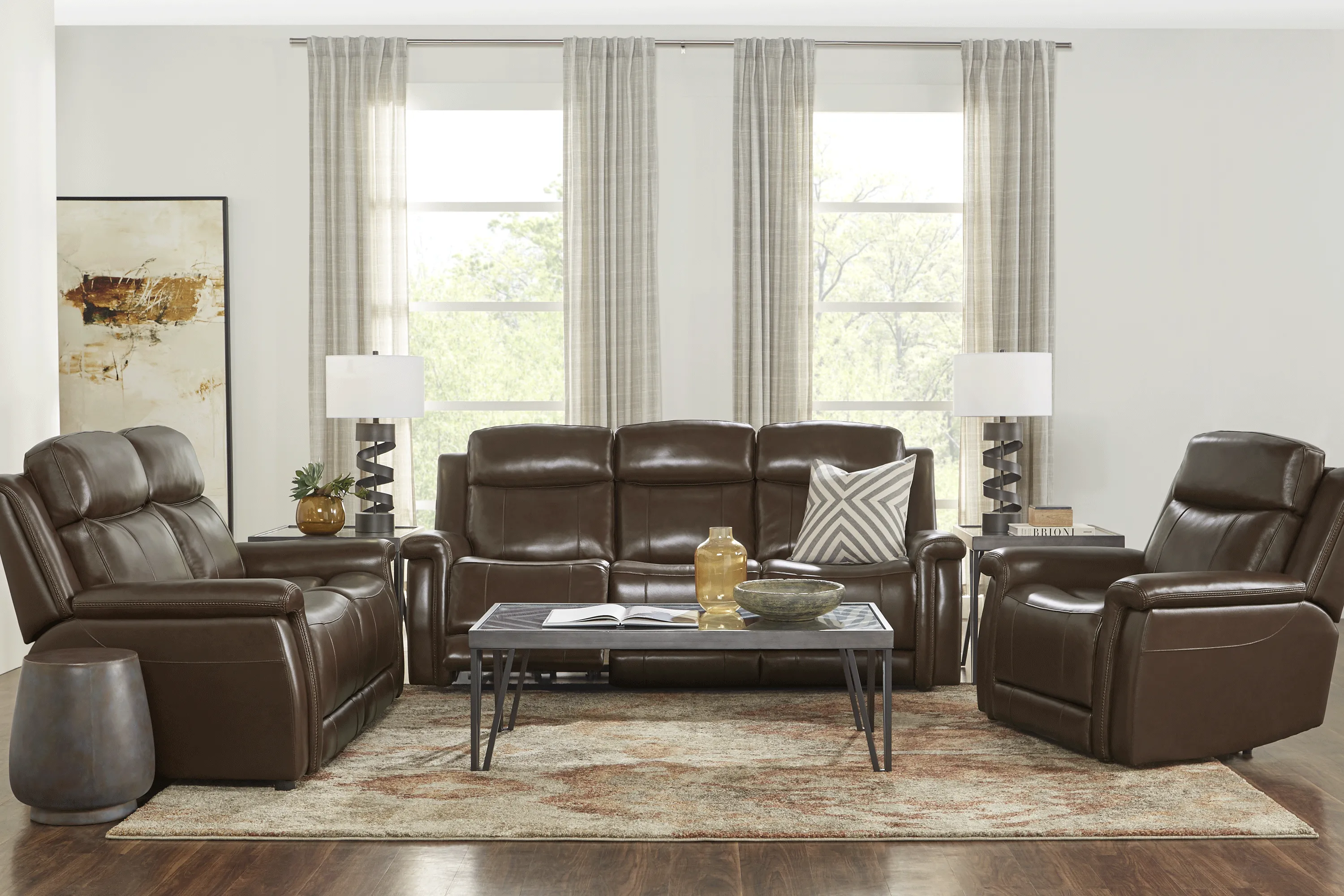 Orsini Brown Leather 8 Pc Living Room with Dual Power Reclining Sofa - Thumbnail - Image 1