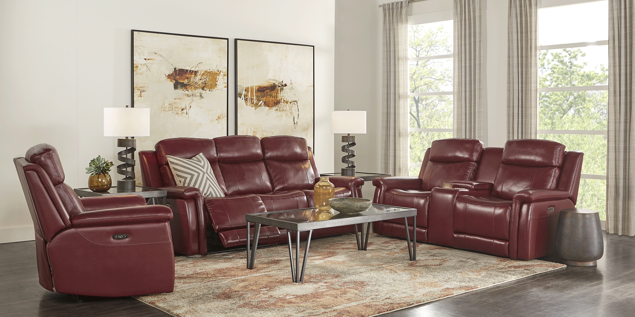 Orsini Red Leather 5 Pc Dual Power Reclining Living Room - Thumbnail - Image 2