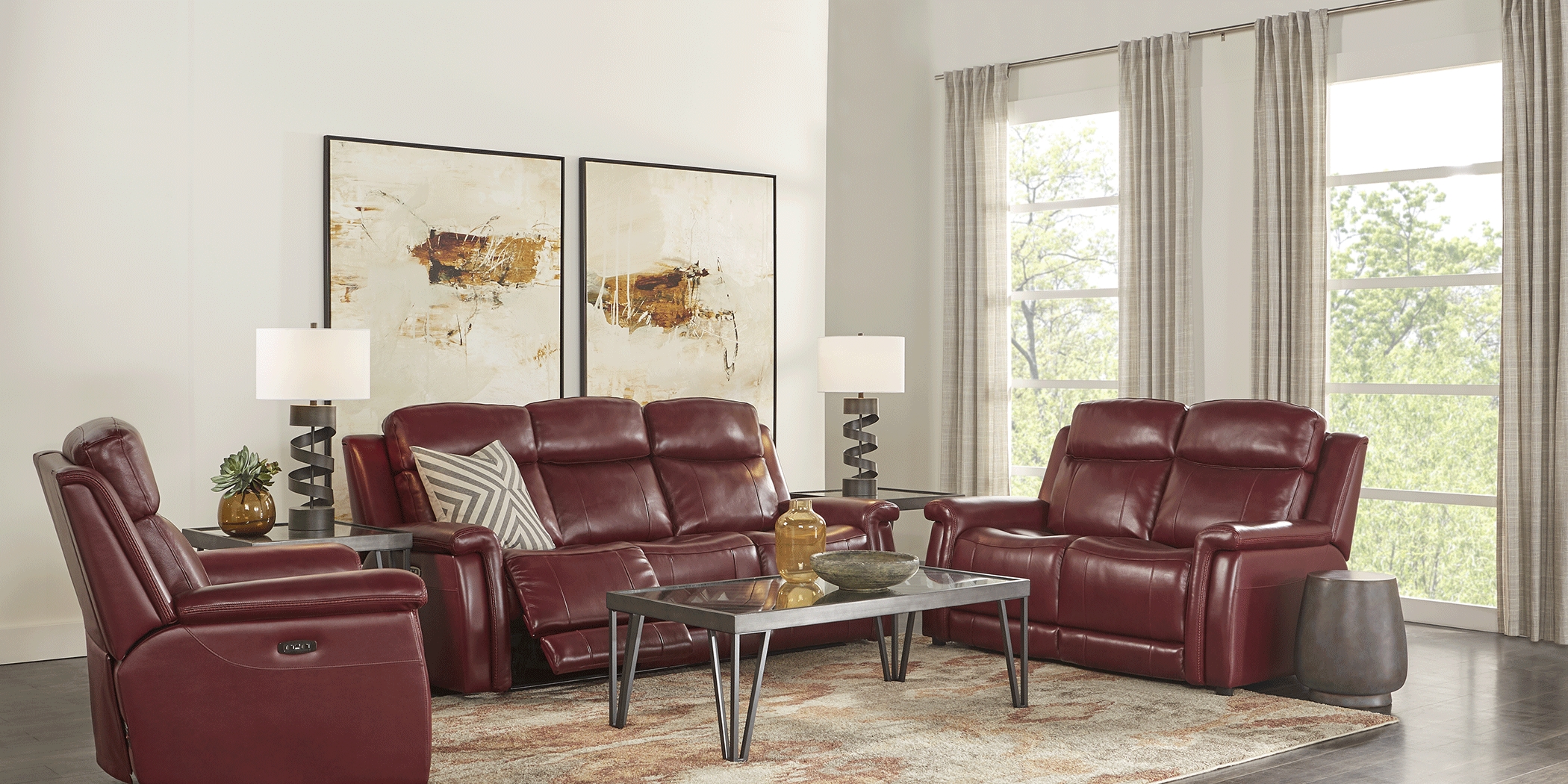 Orsini Red Leather 8 Pc Living Room with Dual Power Reclining Sofa - Thumbnail - Image 2
