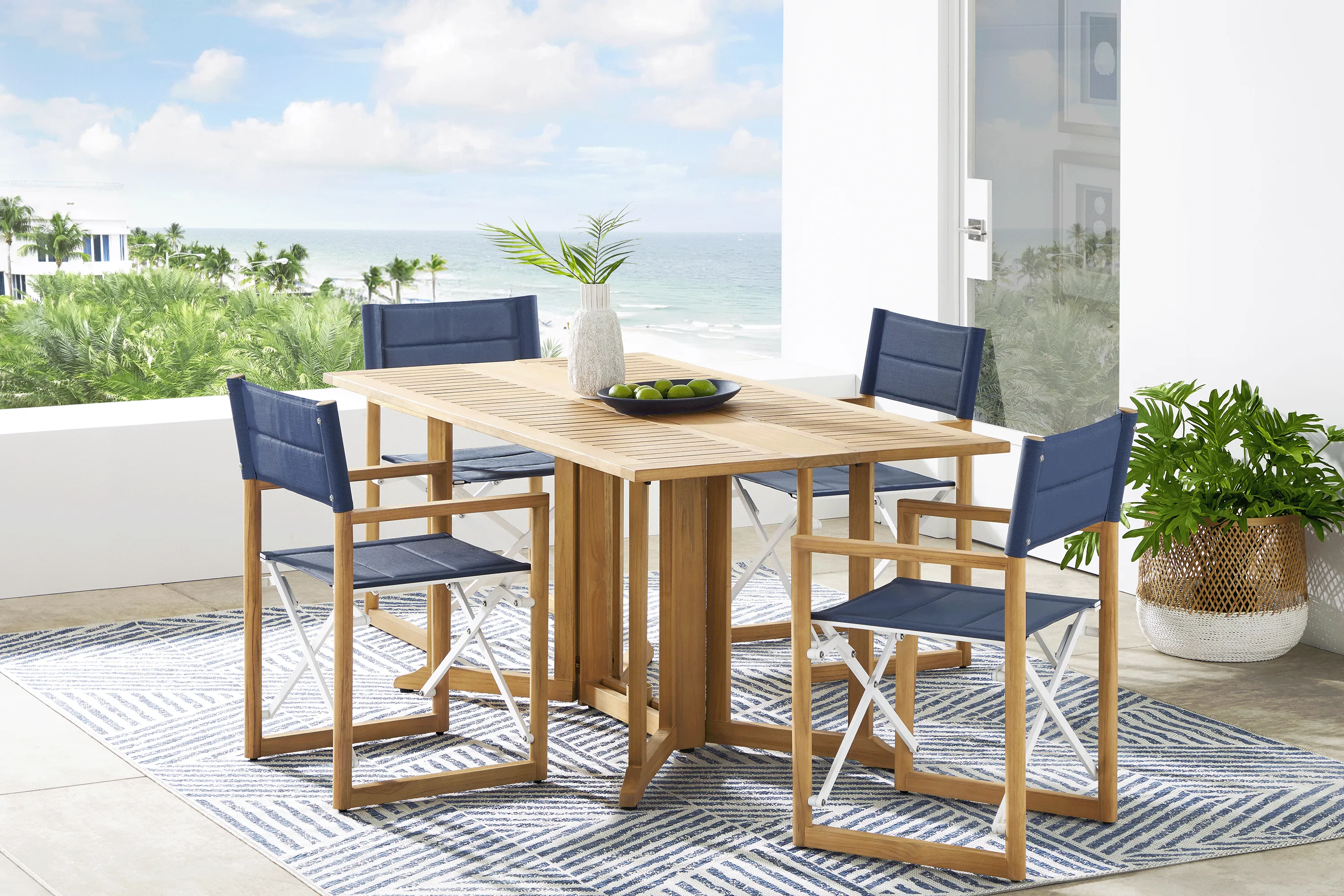 Oscar Natural 5 Pc Folding Outdoor Dining Set with Blue Chairs - Thumbnail - Image 1