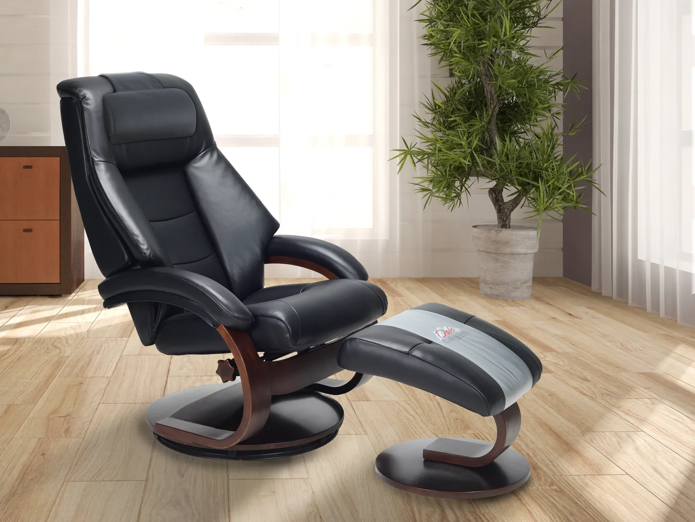 Oslo Collection Mandal Black Leather Recliner & Ottoman - Thumbnail - Image 2