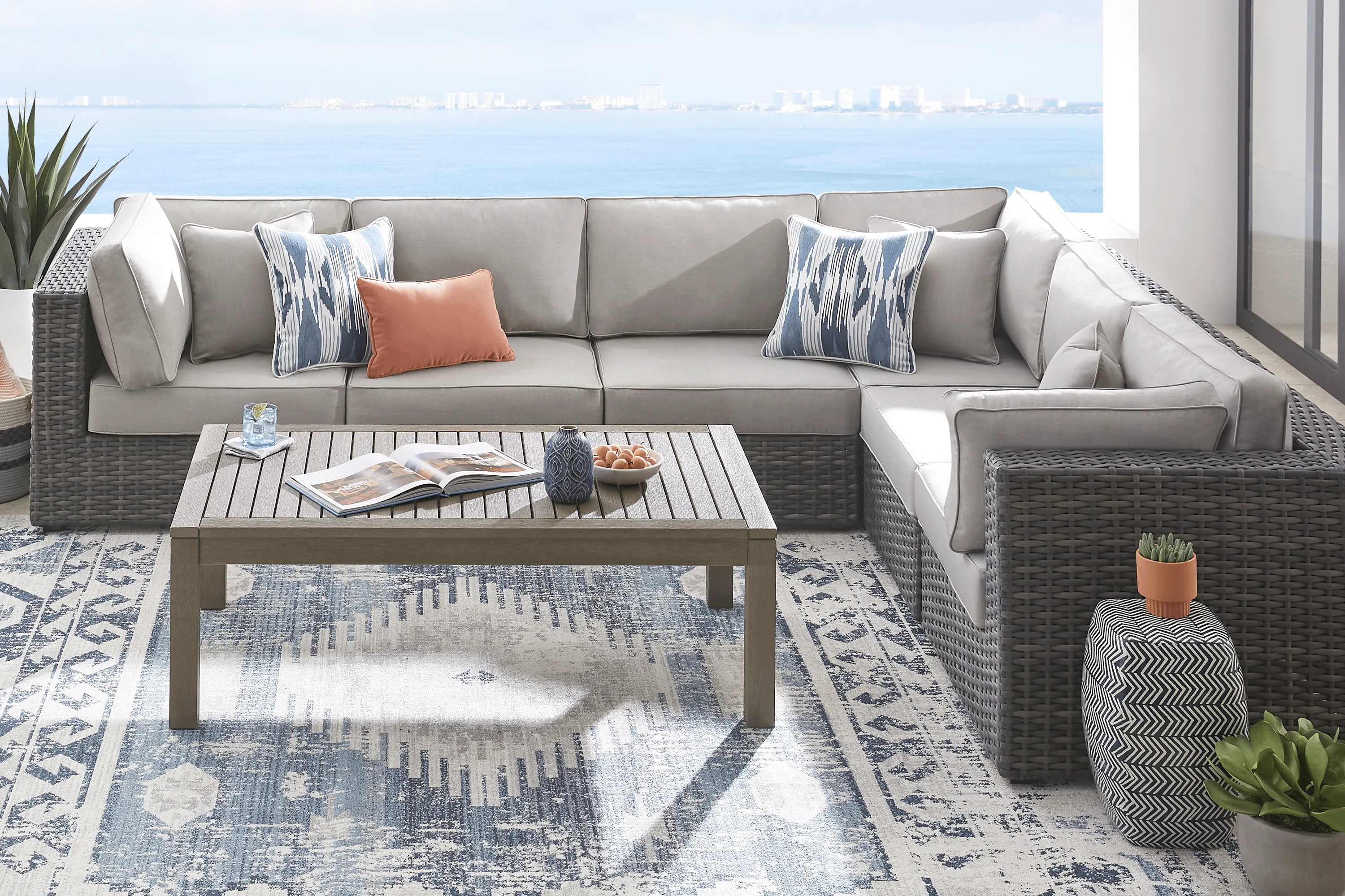 Oster Bay Driftwood 6 Pc Outdoor Sectional with Spectrum Dove Cushions - Thumbnail - Image 1