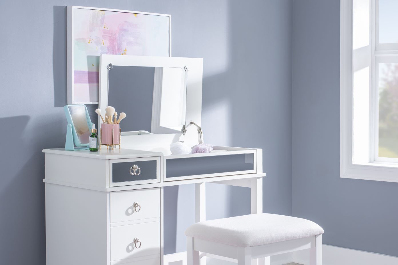kids white vanity set with heart chair 